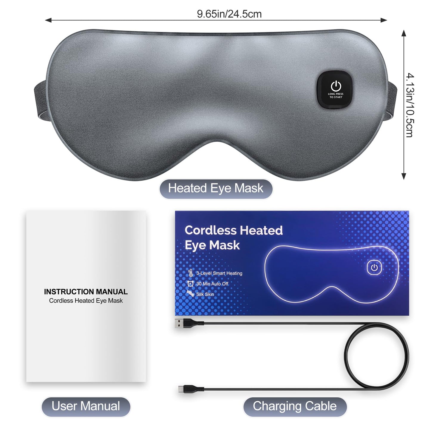 Cordless Heated Eye Mask for Dry Eyes, Blocking Light Warm Compress Rechargeable, 1000mAh Electric Eye Heating Pad for Sleeping, Washable Silk Heat Sleep Mask with 3 Temperature Settings, Grey