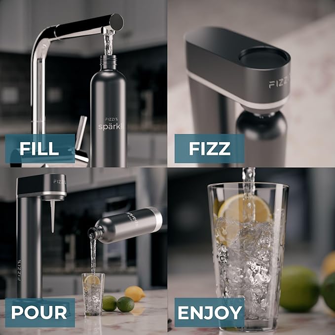 FIZZIT Spärklí Black Carbonated Water Soda Maker Bundle – Includes 1 Black Stainless Steel Bottle, 1 White Stainless Steel Bottle & 2 CO? Cylinders – Premium Sparkling Water Maker for Home & Kitchen