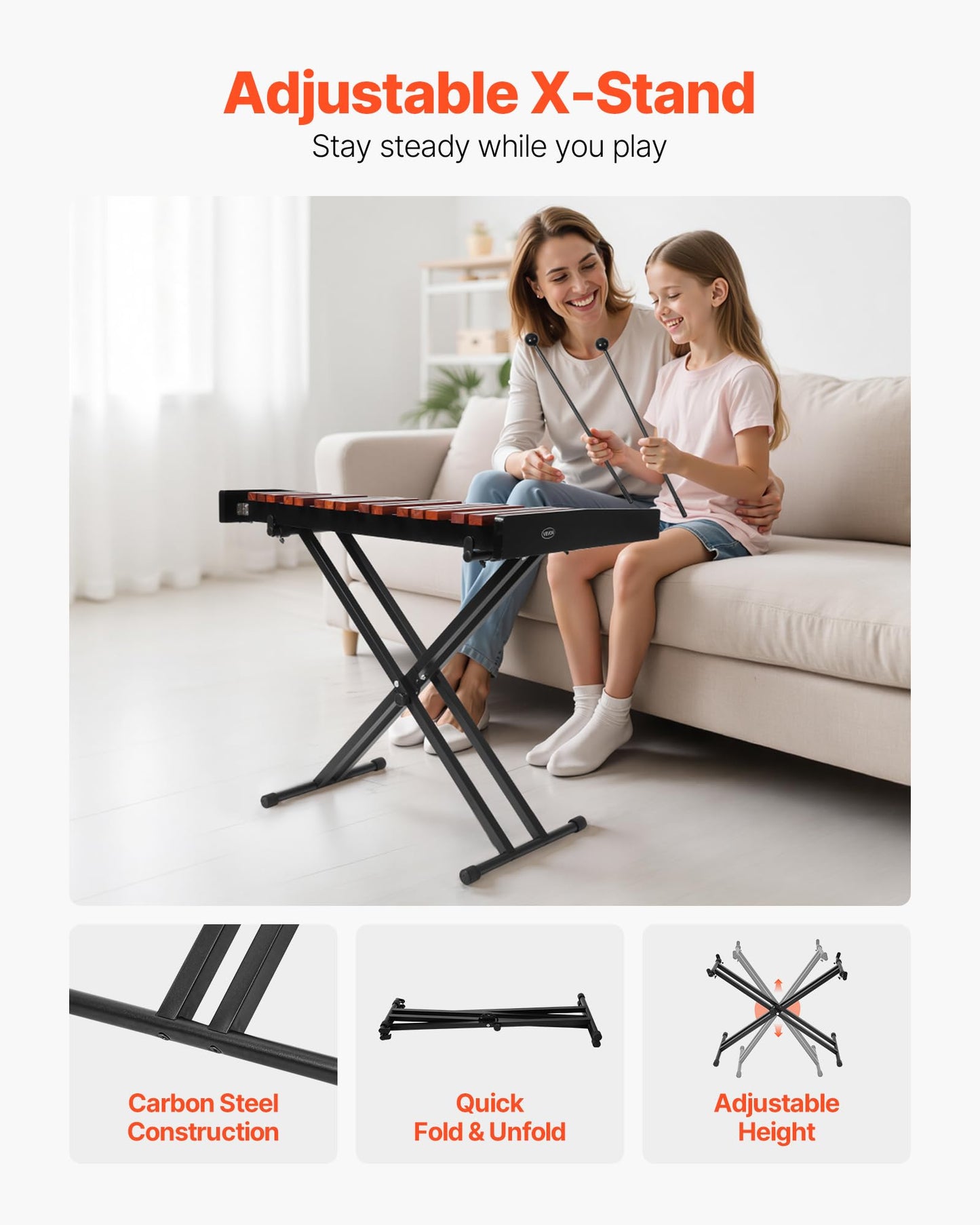 Vevor Glockenspiel Xylophone, 37 Notes, Wooden Professional Xylophone Percussion Instrument, With Height Adjustable Stand, 4 Mal