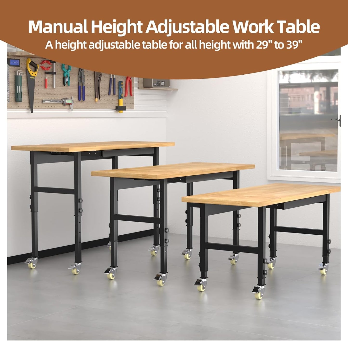 60'' Adjustable Workbench, Solid Wood Work Bench Table with Wheels and Power Outlet, Rolling Workbenchs with Drawers, Large Load Capacity Garage Workbench for Workshop,Office,Home