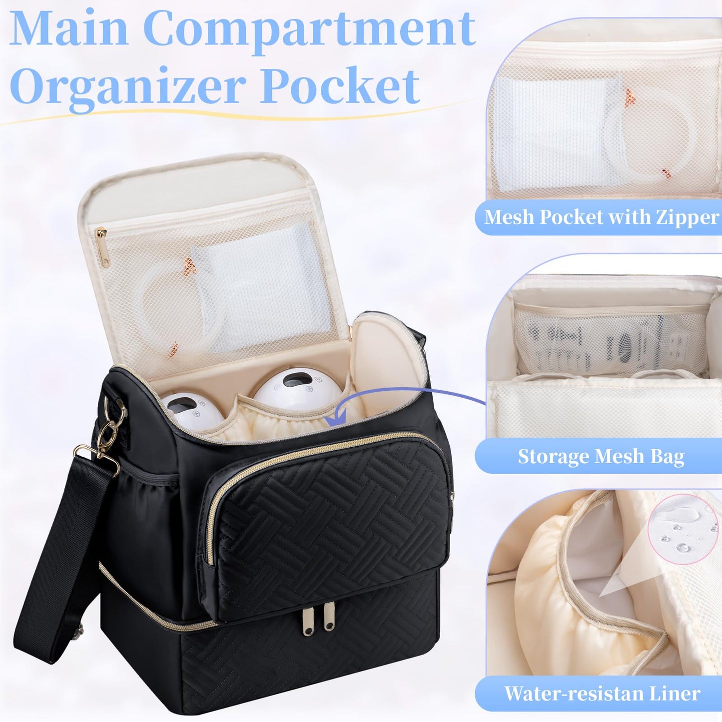 Wearable Breast Pump Bag with Cooler Compartment Compatible with Willow/Elvie/Medela/Momcozy M5/S12 Pro, Breast Milk Cooler Travel Bag with Ice Pack & Mat, Pumping Bags for Work, Black