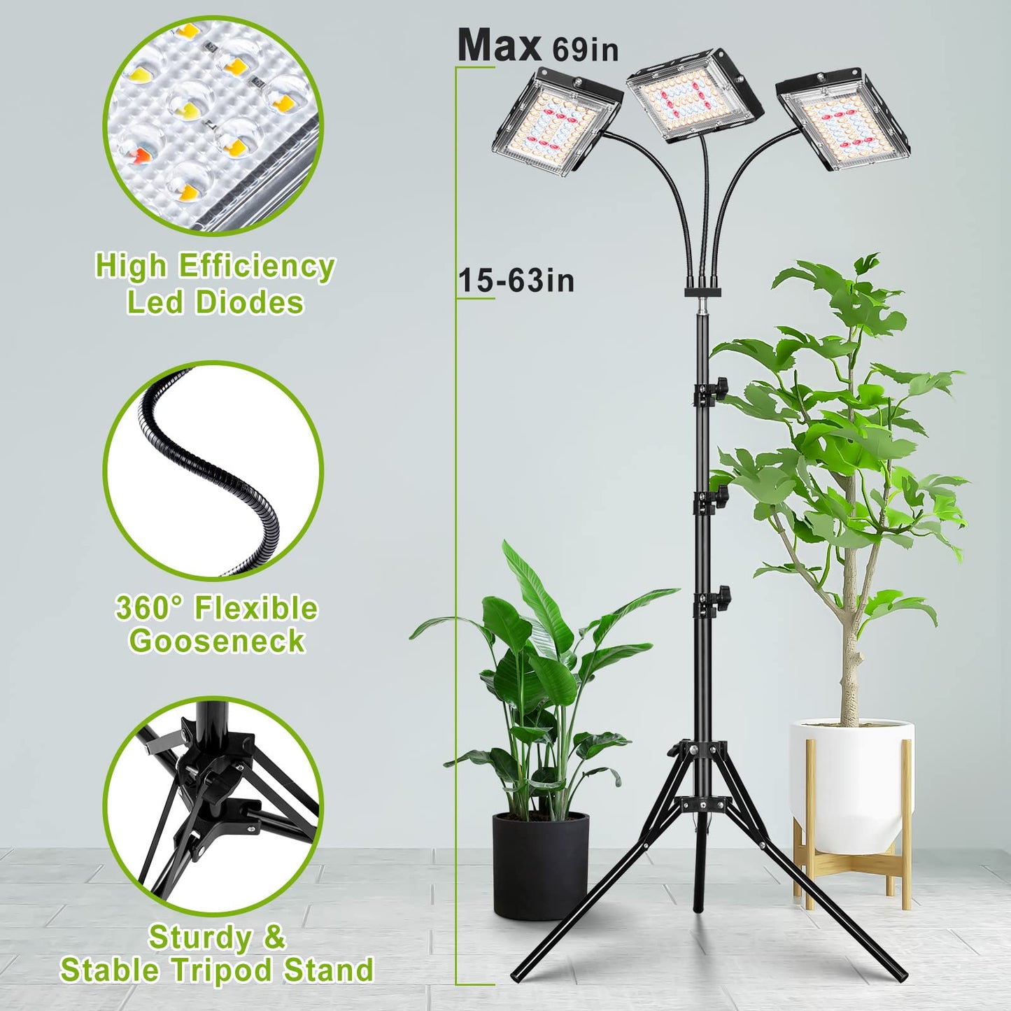 LORDEM Plant Grow Light, Tri-Head LED with Timer, 6 Dimmable Levels, Adjustable Tripod 15in-63in, Black, Model b1101
