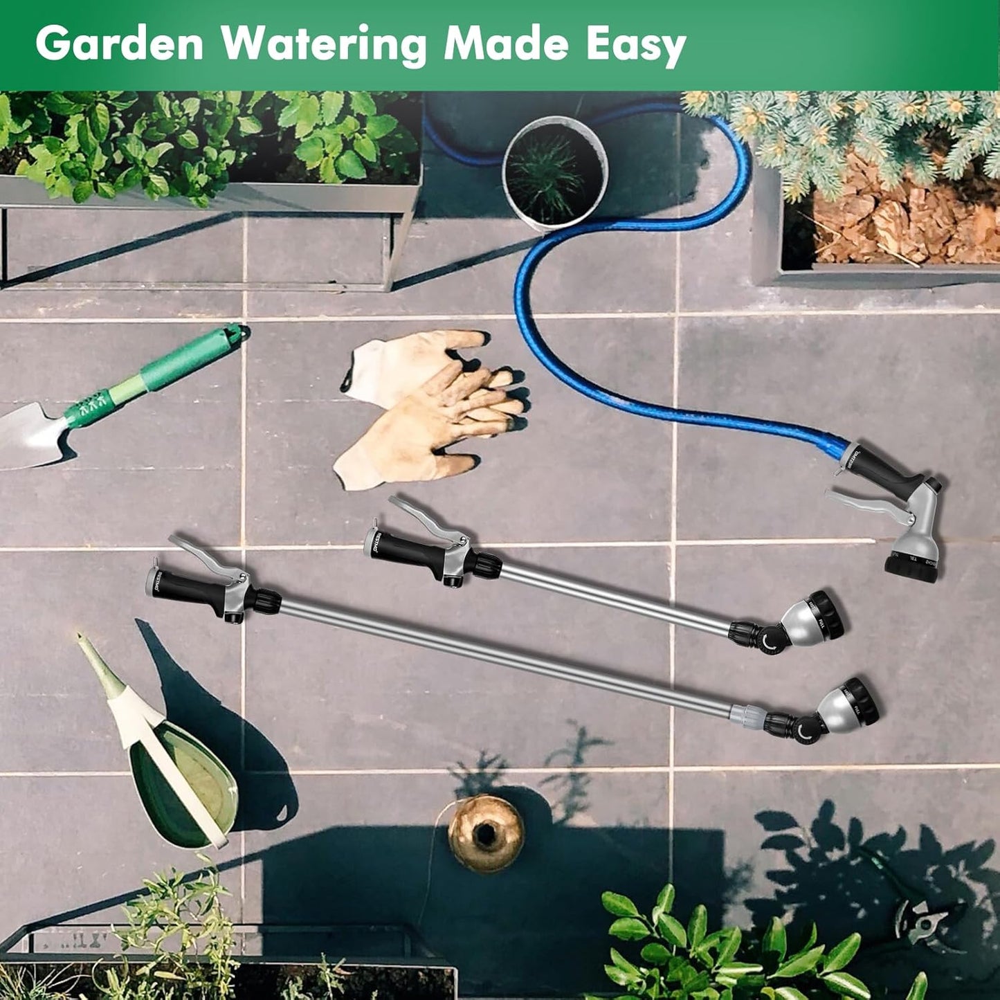 RESTMO Metal Watering Wand, 36”-60” Long Telescopic Tube | 180° Adjustable Ratcheting Head | 7 Spray Patterns | Flow Control, Perfect Garden Hose Sprayer to Water Hanging Baskets, Shrubs, Black