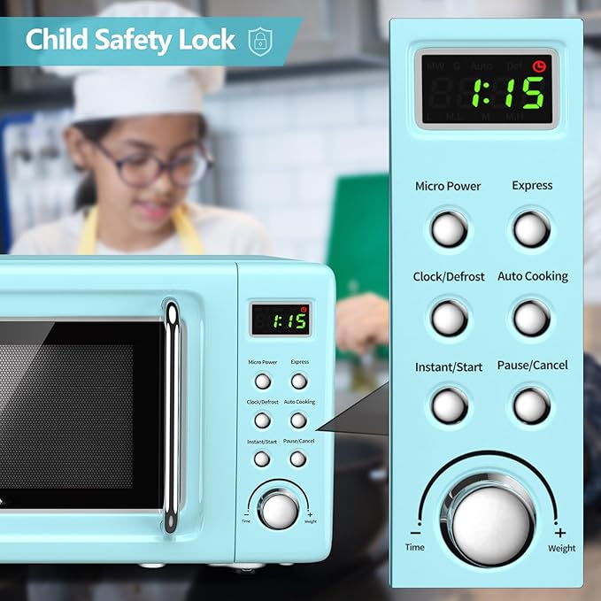 Moccha Retro Microwave, 0.7Cu.ft Compact Microwave, 700-Watt Countertop Microwave Ovens w/5 Micro Power, Delayed Start Function, LED Display, Child Lock, Small Microwave (Green)