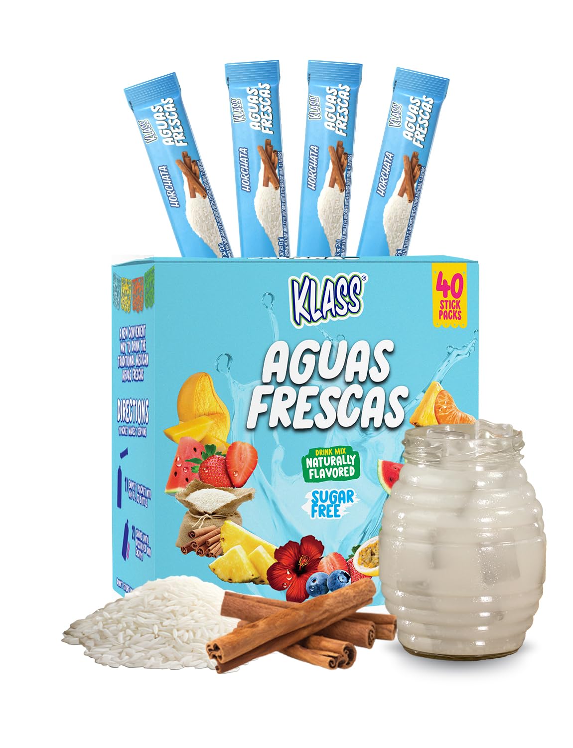 Klass Aguas Frescas | Drink Mix Packets | Horchata Flavored | Sugar Free On-The-Go Packets Low Calorie (40 Count Powder Stick Packs)