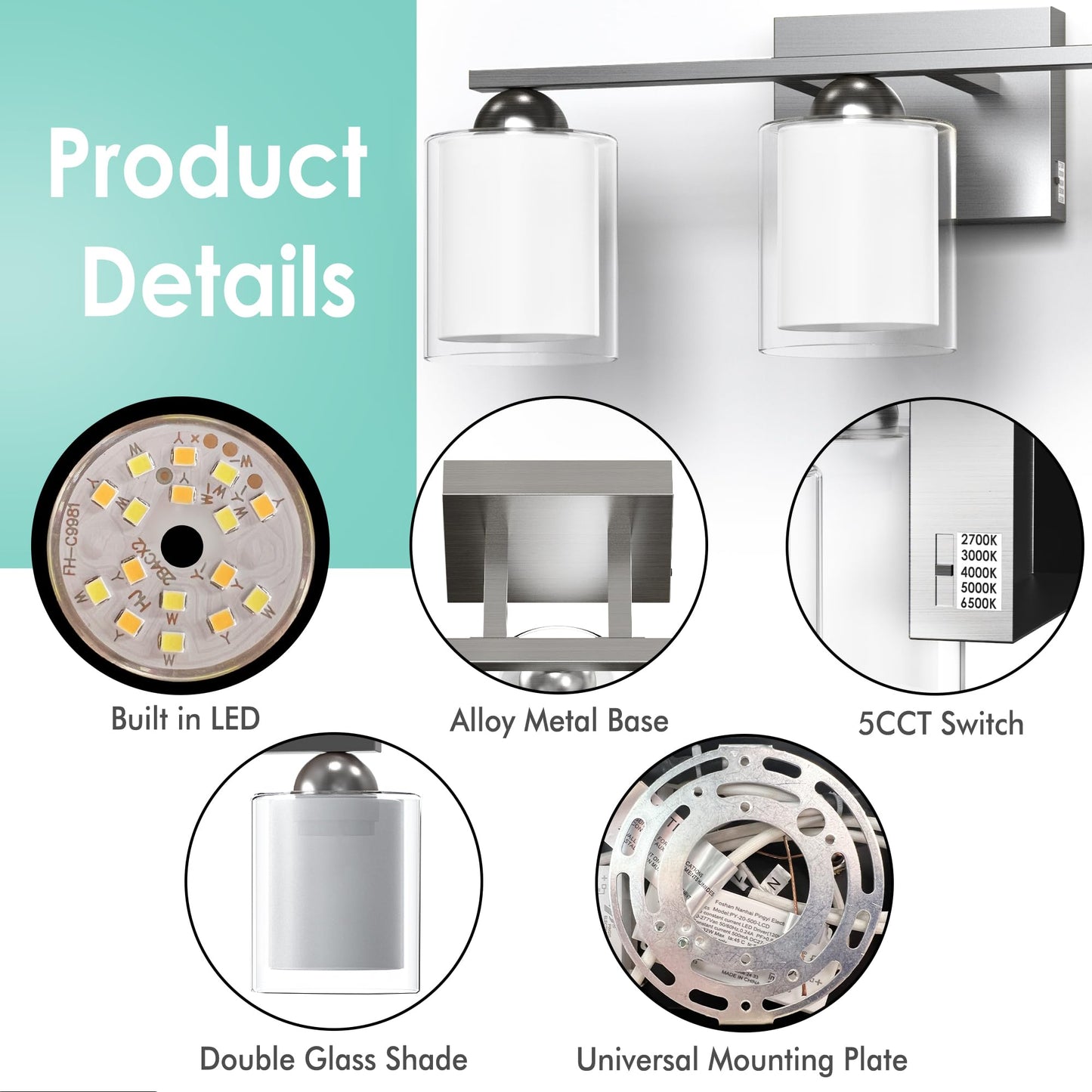 Quntis 3 Light Brushed Nickel Bathroom Light Fixtures, LED Vanity Lights Over Mirror, Model QNT-3L-BN-VL, Milk White Frosted Glass