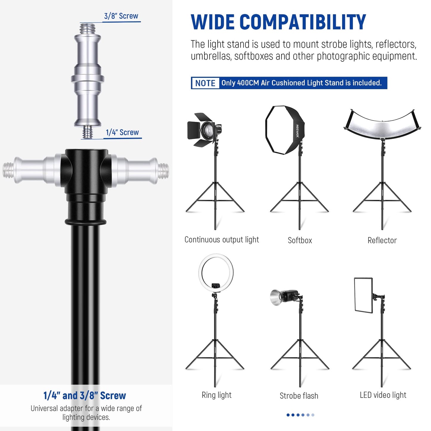 NEEWER 13ft/4m Air Cushioned Light Stand, Heavy Duty All Metal Photography Tripod Stand with 1/4” to 3/8” Reversible Spigot, 3 Way Mounting Interface & Metal Locking Knobs, Max Load 6.5lb/3kg