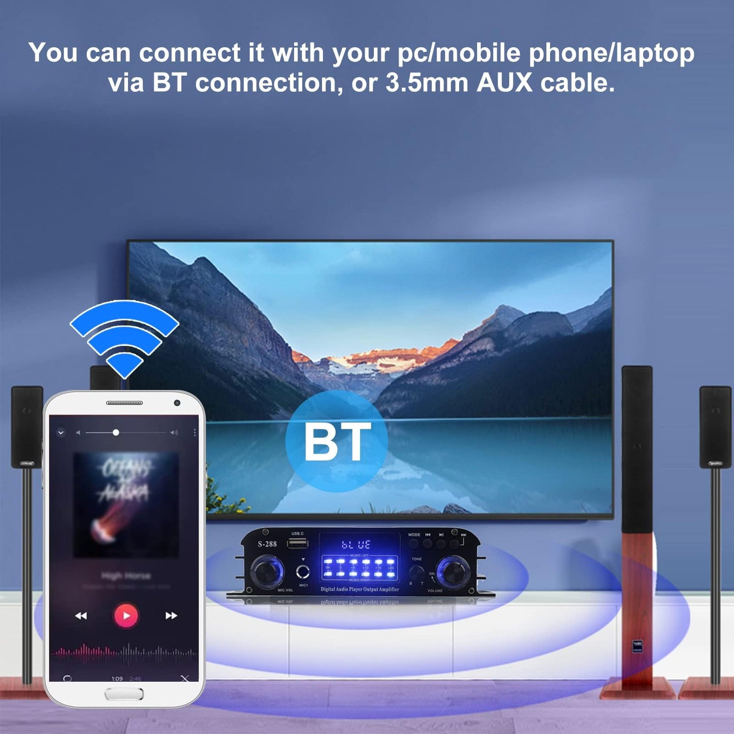 Romicta 4 Channel Bluetooth 5.0 Stereo Amplifier, 50Wx4 Hifi Power Amp, 1200W Max, Usb/Sd/Fm, Class D Home Audio Receiver For Ho
