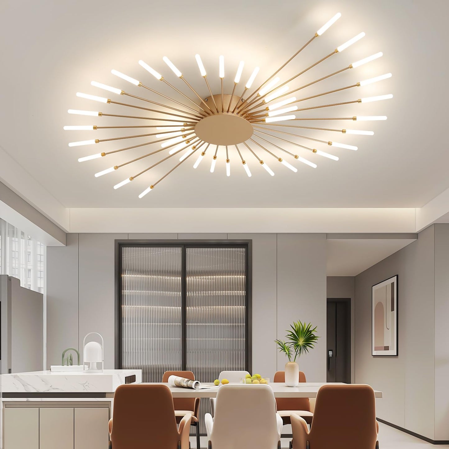 Ziidoo Modern Ceiling Light 42 Lights Metal Firework Designed Chic Led Lighting Fixture For Farmhouse Kitchen Dining Room Bedroom Hallway Living Room (Gold And Dark Gold)