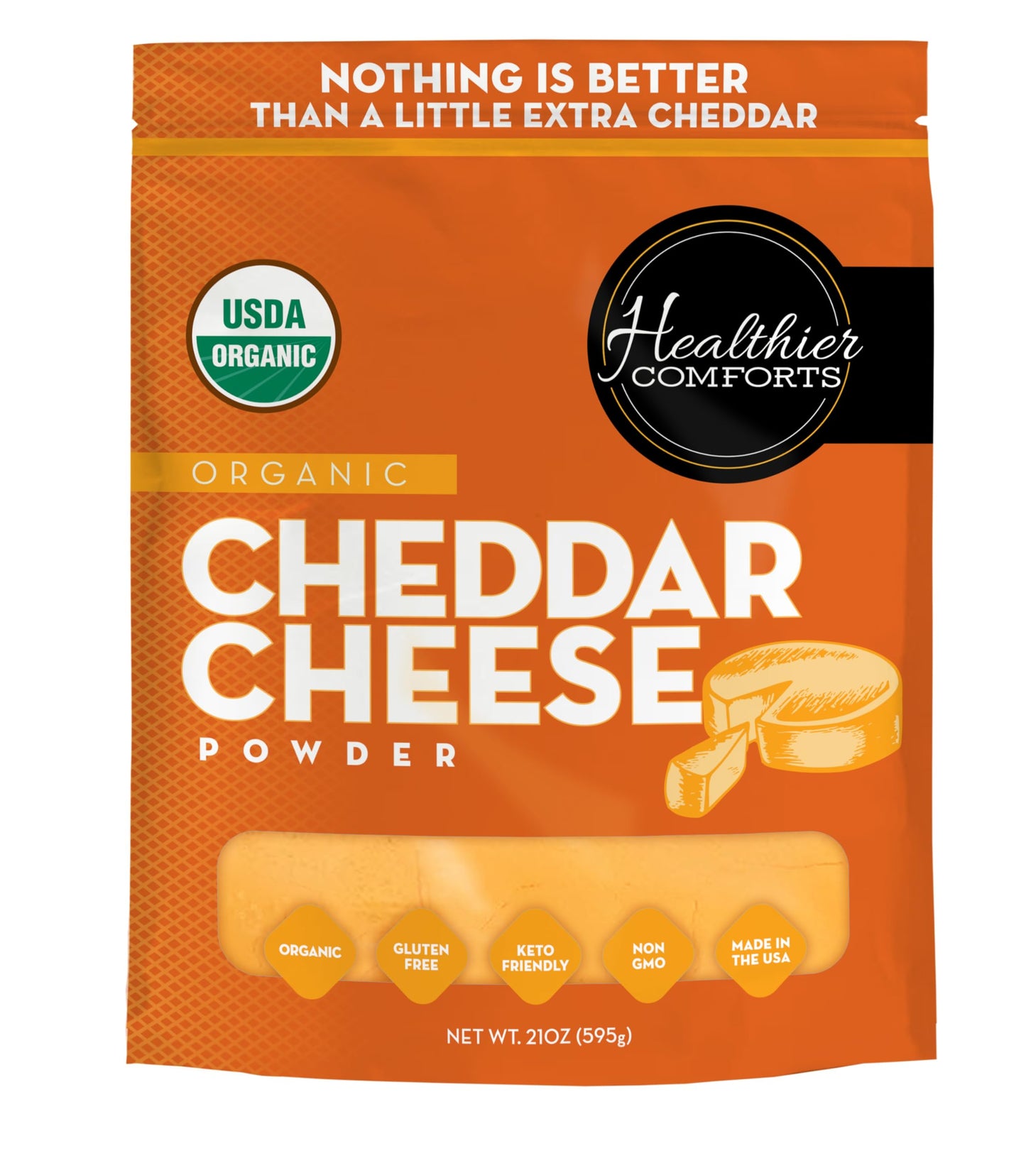 Healthier Comforts Organic Cheddar Cheese Powder | Gluten Free Keto-Friendly Non-GMO & Free | Perfect for Popcorn Seasoning Mac and Cheese Pasta & Sauces (21 oz)