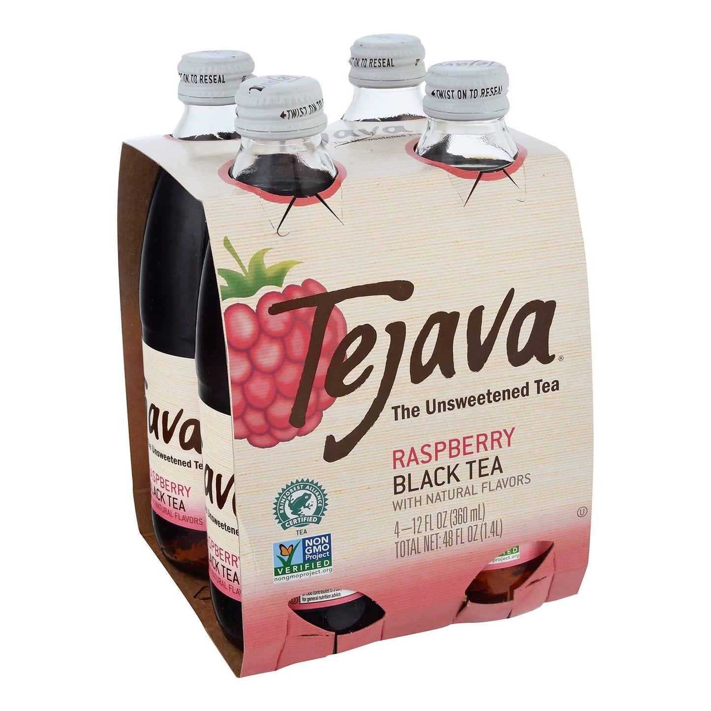 Tejava Raspberry Black Iced Tea 4 Pack 12oz Glass Bottles Unsweetened Non-GMO Kosher No Sugar or Sweeteners No calories No Preservatives Brewed in Small Batches