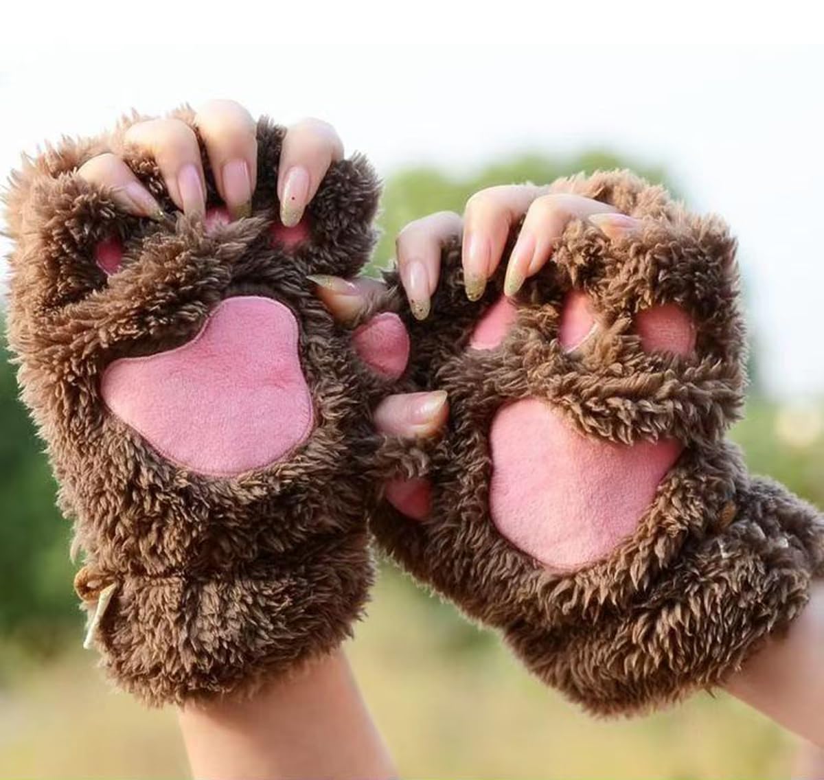 Vewzaty 2 pairs Cat Claw Bear Kawaii Paw Fingerless Winter Plush Gloves Cosplay Faux Fur Plush Cat Gloves for Girls Women (coffee and beige)