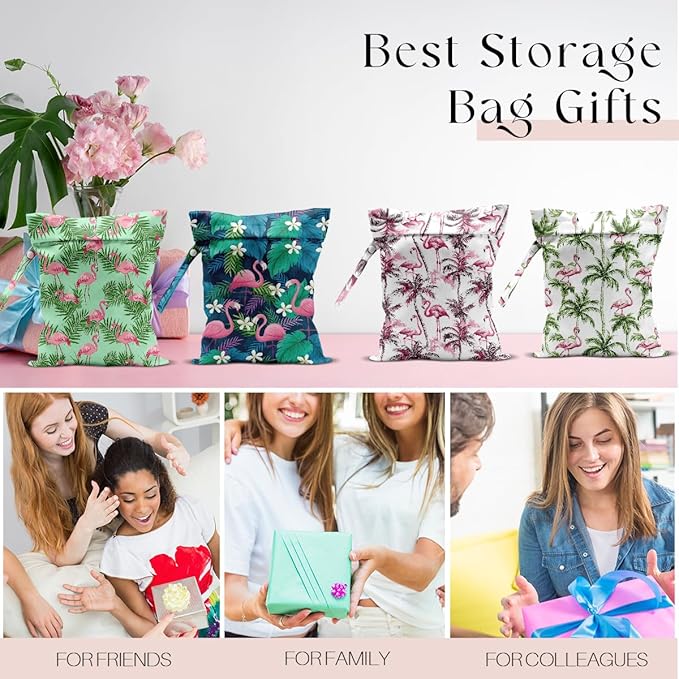 4 Pack Wet Bag for Swimsuit, Beach Travel Essentials Wet Dry Bag, for Sunscreen Toiletry Dirty Clothes Yoga Gym Diaper, Friend Summer Beach Vacation Gifts. Flamingo Series