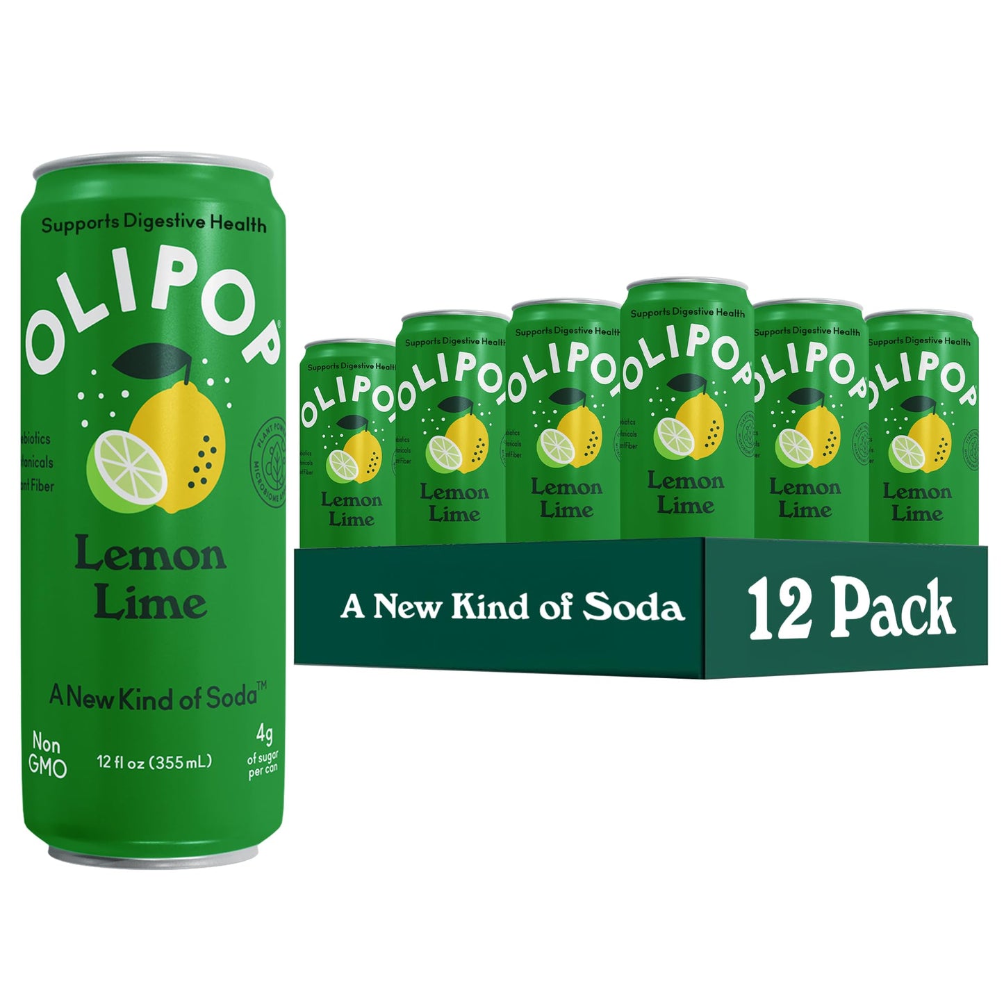 OLIPOP Prebiotic Soda Pop Lemon Lime Pantry Pack Packed with Prebiotics Fiber and Botanicals Gluten Free Vegan GMO Free 12oz Skinny (12-Cans)