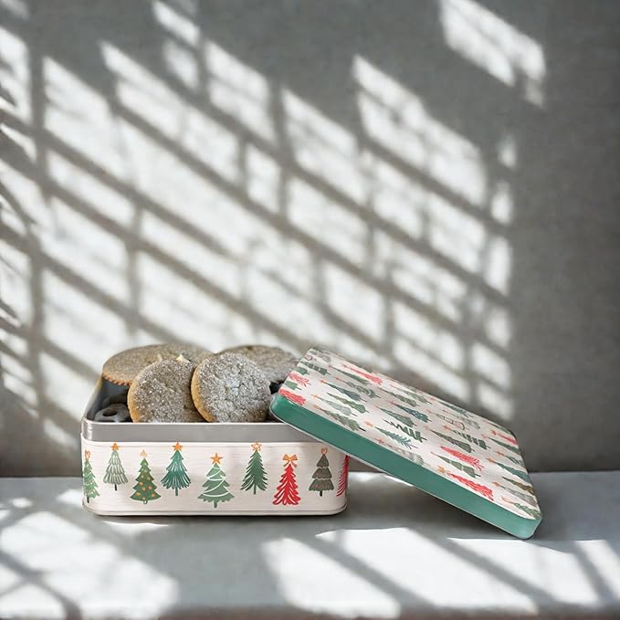 Steel Mill & Co Tin Containers with Lids, 3 Pack Christmas Cookie Tins, Festive Cookie Tins for Gift Giving & Holiday Treats, Square Metal Nesting Containers, Ornaments and Trees