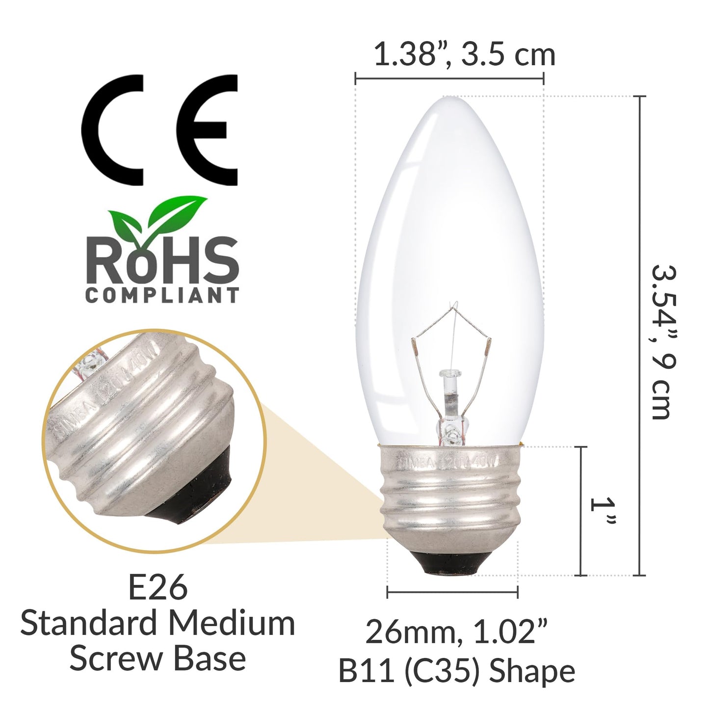 Simba Lighting Torpedo Clear B11 C35 CTC 40W E26 Base (6 Pack) Decorative Incandescent Light Bulbs 120V for Chandeliers, Ceiling Fan Lights, Pendants, Wall Sconces, Dimmable, Warm White 2700K