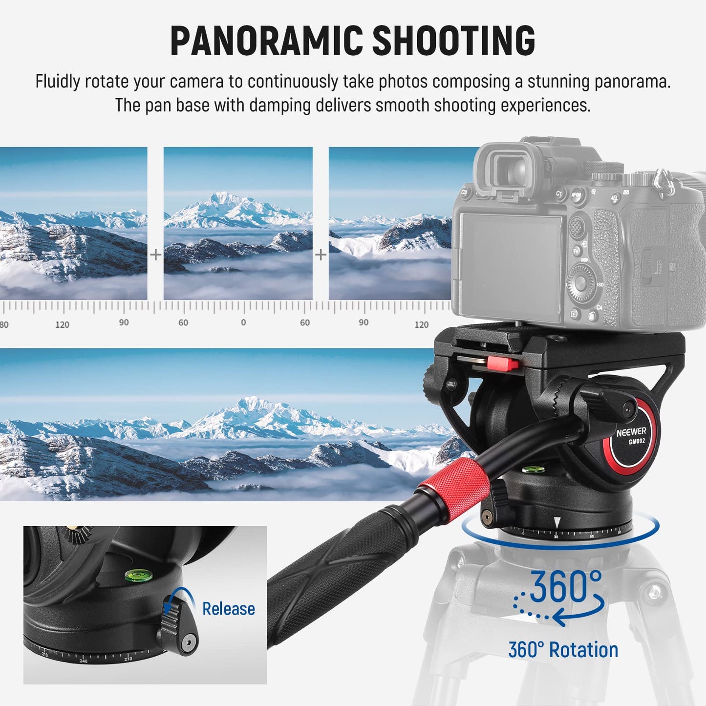 Neewer Video Tripod Fluid Head With Quick Release Plate, Telescopic Handle & Scaled Base (75Mm Dia.) Heavy Duty, Max Load 17.6Lb