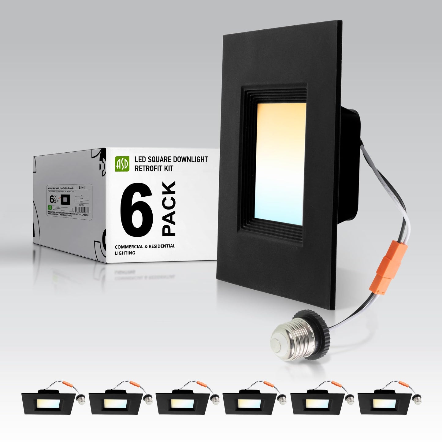 ASD Black 6 Inch Retrofit LED Square Recessed Lighting - 12W 1023LM 2700/3000/3500/4000/5000K Selectable Dimmable LED Downlight,