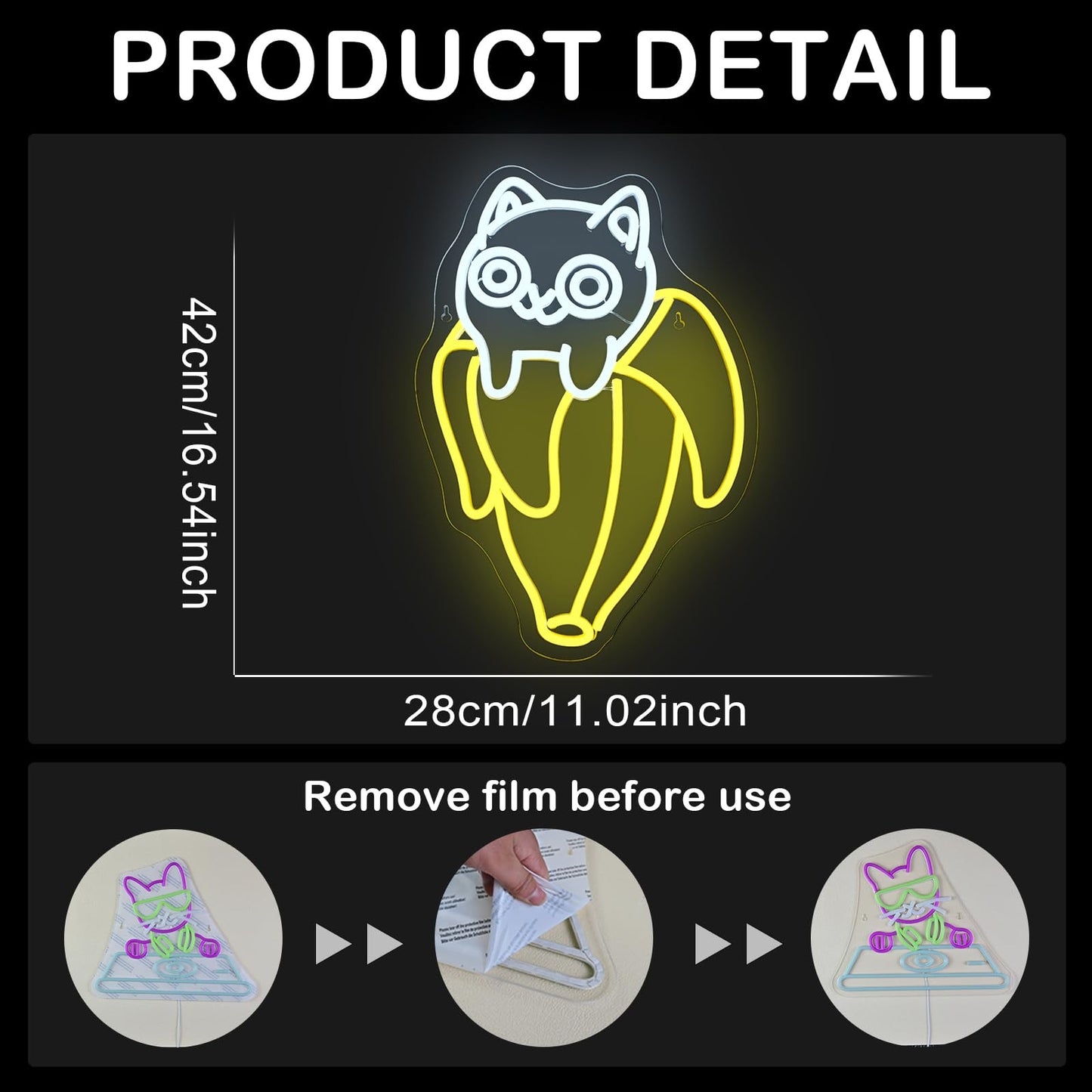 Wanxing Kawaii LED Neon Light - Cat in Banana Sign, USB Powered Acrylic Decor, 16.54inx11.02in, Colorful