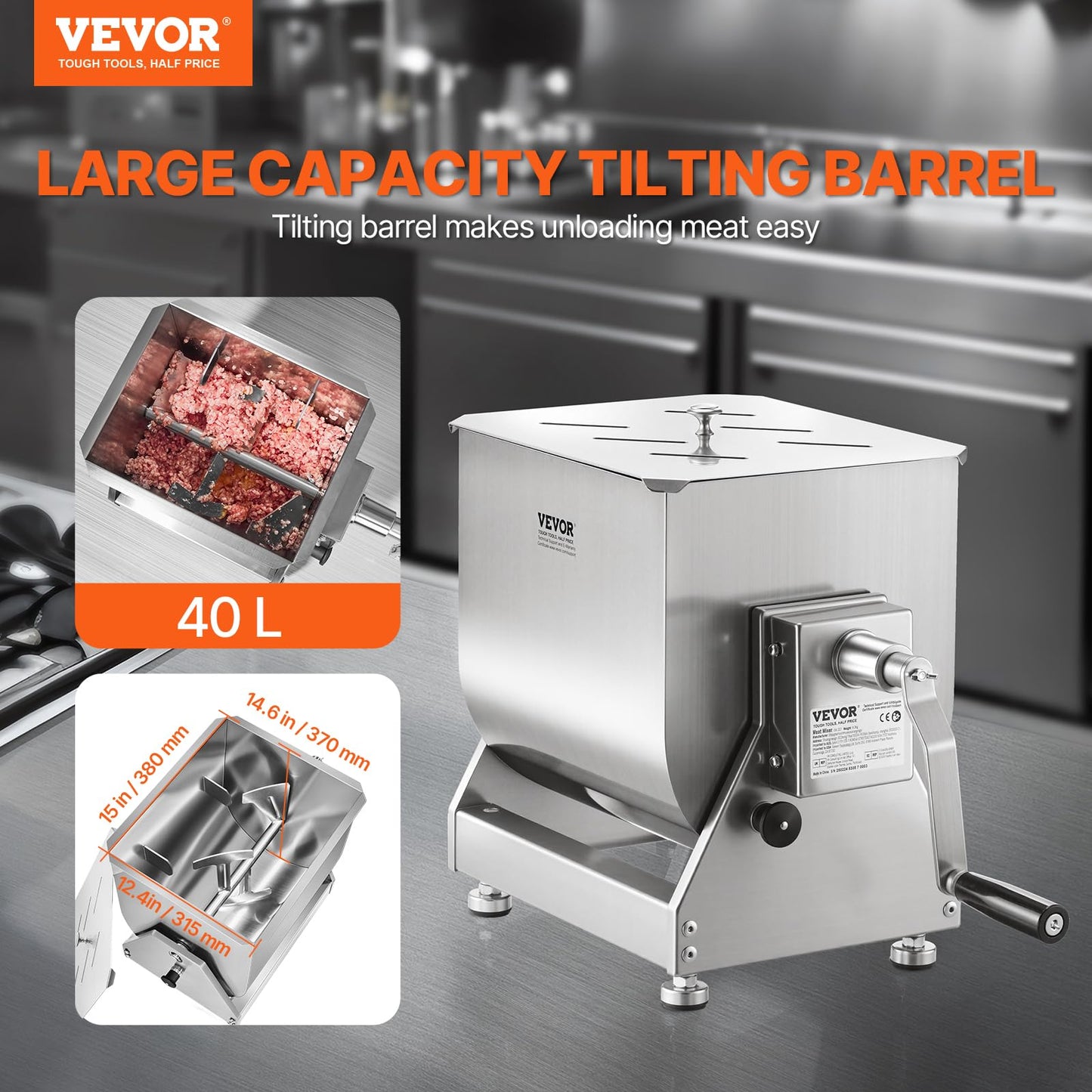 VEVOR Manual Meat Mixer, 80 Pound Capacity Tilt Tank Meat Mixer, Stainless Steel Meat Processing Equipment, Sausage Mixer Machine with Lid and Handle, Ground Beef Hand Mixer, Silver