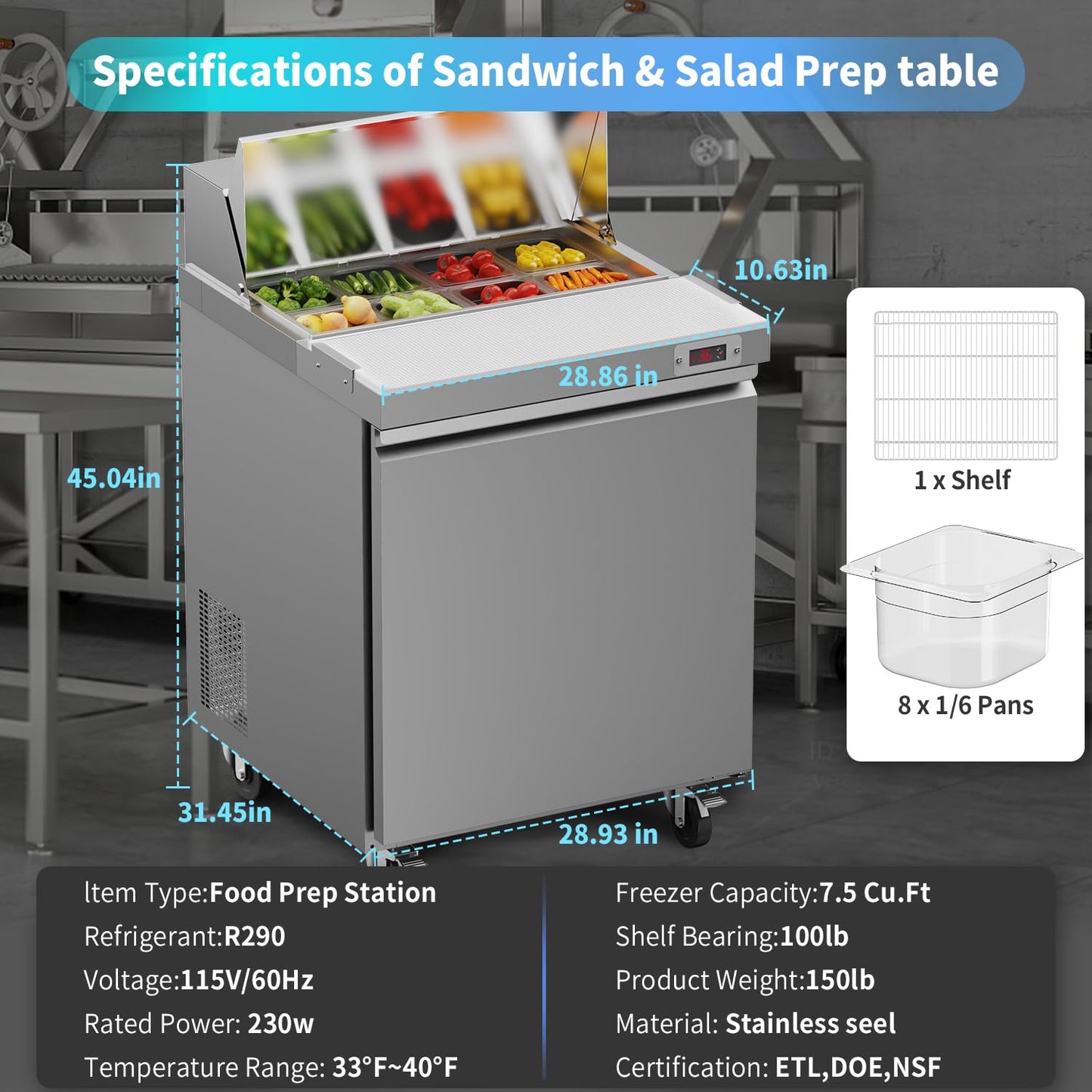 LCEKY 29" W Sandwich Salad Prep Table Refrigerator Commercial Refrigerator with 8 Pans Stainless Steel Fan Cooling Kitchen Equipment