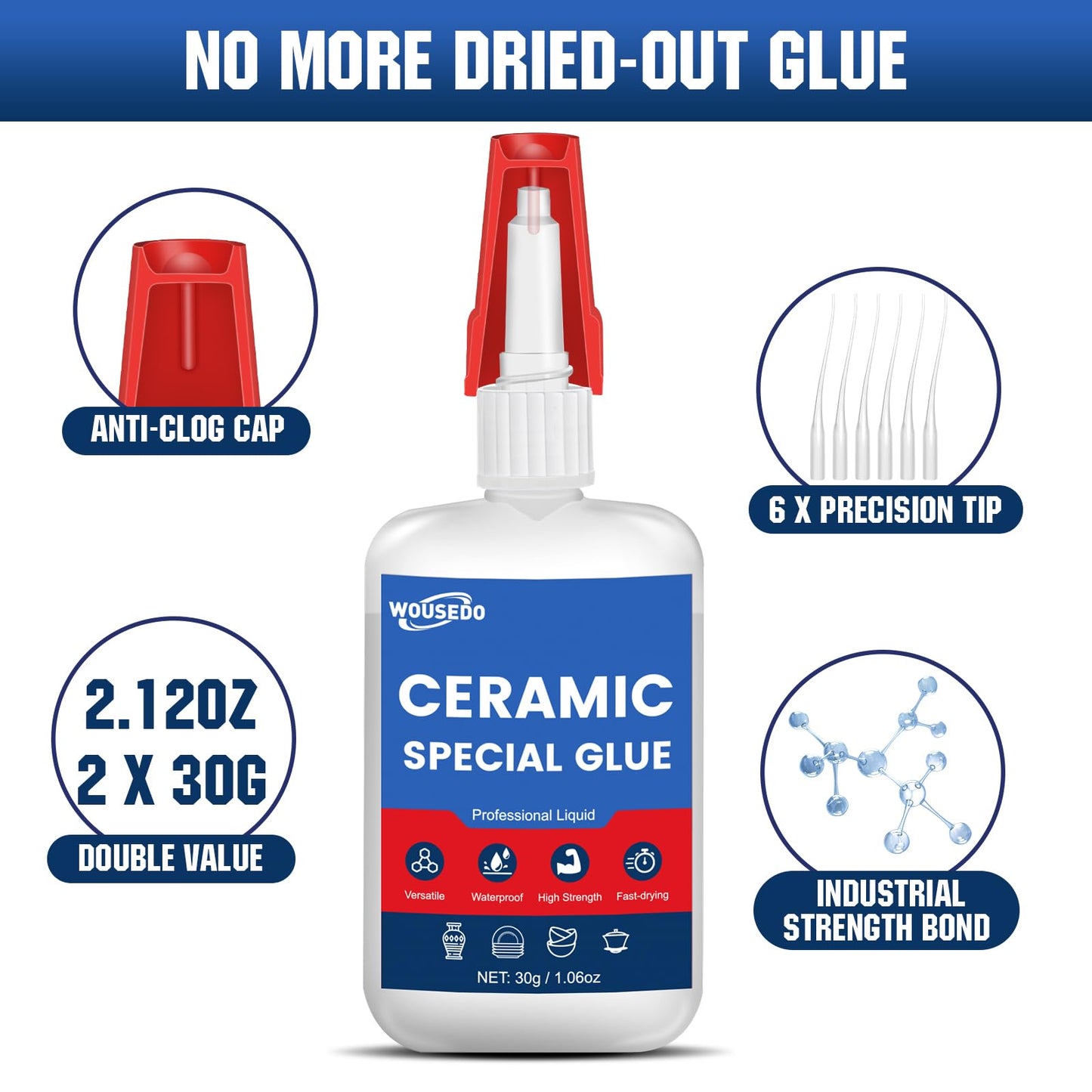 30g Ceramic Super Glue, Instant Bond High Strength Waterproof Adhesive for Porcelain,Clay Pots,Figurine, Pottery, Dishes Repair, DIY Crafts.