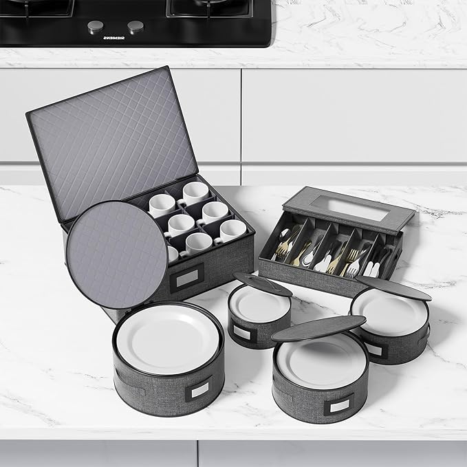 Aokeyee China Storage Containers- 6 Piece Set Hard Shell Moving Box for Dishes, Plate, Mugs, Cups, Silverware, Flatware, Saucers, Dinnerware, Sturdy Quilted Organizer with Soft Dividers, Handles, Grey
