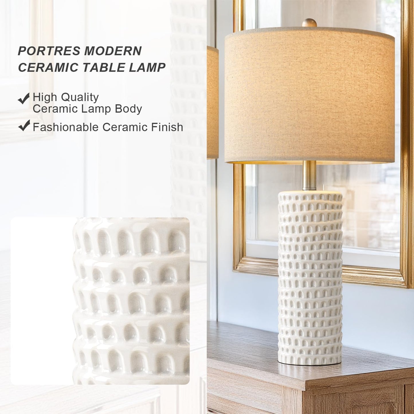 PORTRES 24in Farmhouse Ceramic Table Lamp Set of 2, White, Modern Accent Lighting for Bedroom, Living Room, Office, Model AMZ-T1062L-WH