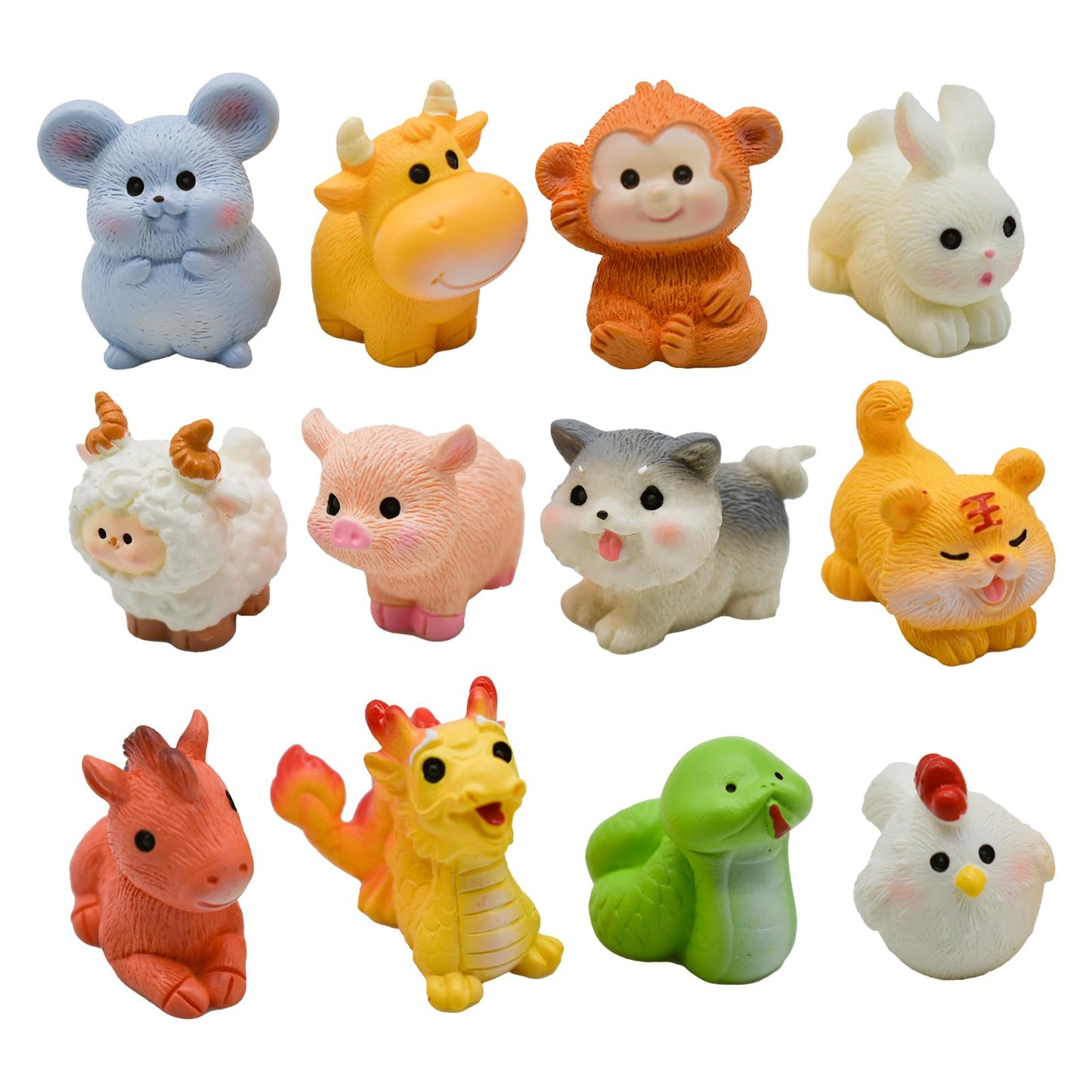 Pinenjoy 12Pcs Miniature Chinese Zodiac Animal Figurines Mini Cow Rabbit Dragon Tiger Dog Monkey Pig Figures Cartoon Resin Cake