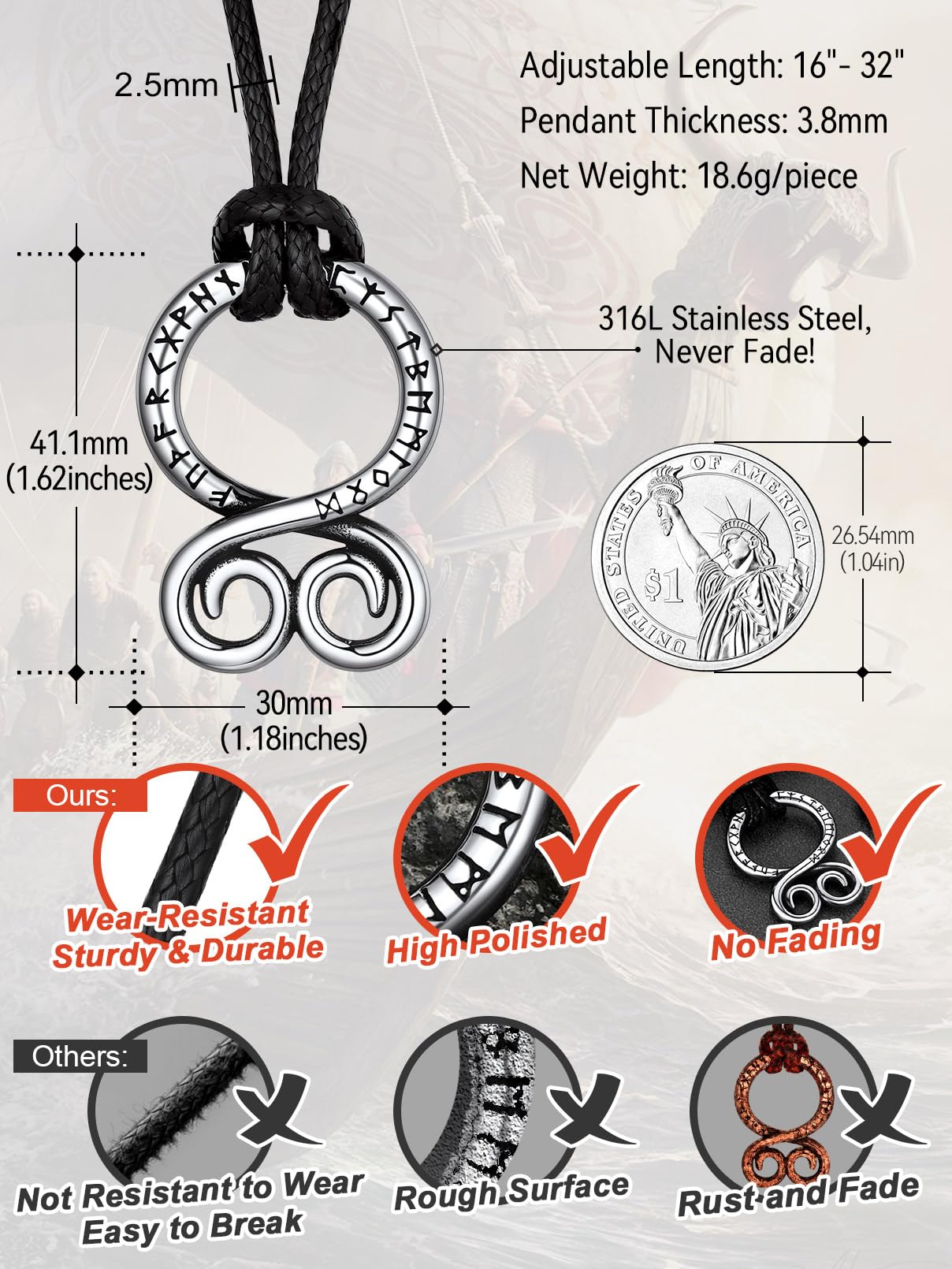 FaithHeart Troll Cross Necklace, Viking Rune Pendant for Men Women Nordic North Protection Jewelry