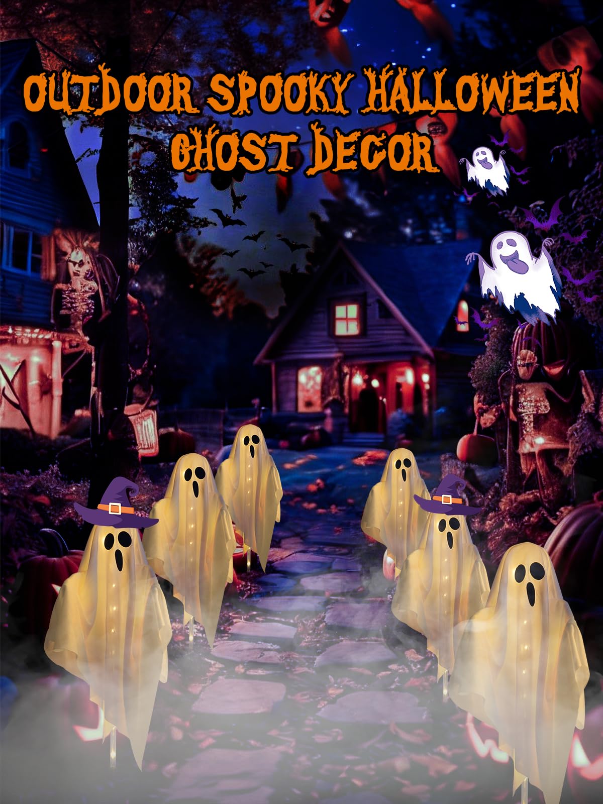 Albelt 3-Pack Ghost Solar Powered Halloween Decorations, Warm White, 8 Modes, Waterproof, Model SSLGW