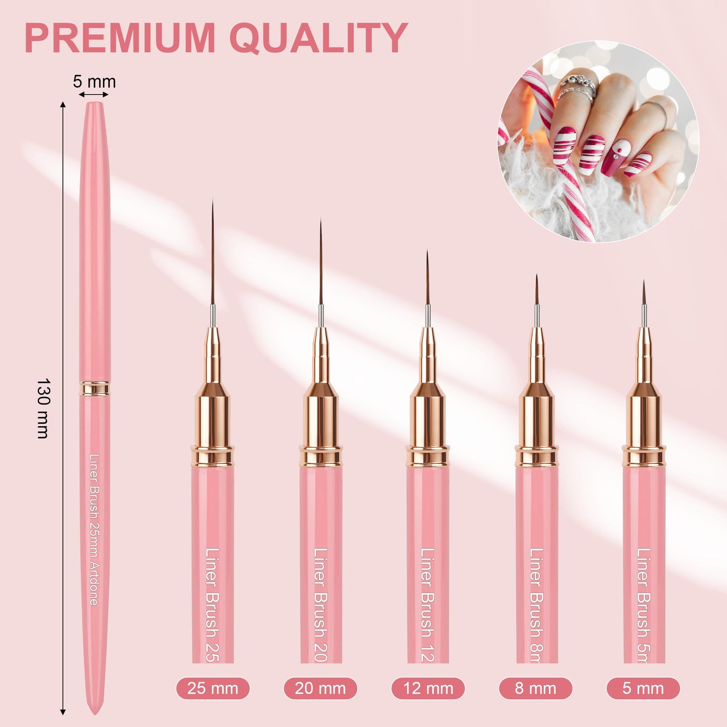Artdone Metallic Nail Art Pens, Liner Brushes Set, 5PCS Pink Color Nail Tools For Long Lines, Thin Details, Fine Drawing, Liner Brush UV Gel Polish Painting Nail Design Sizes 5/8/12/20/25mm