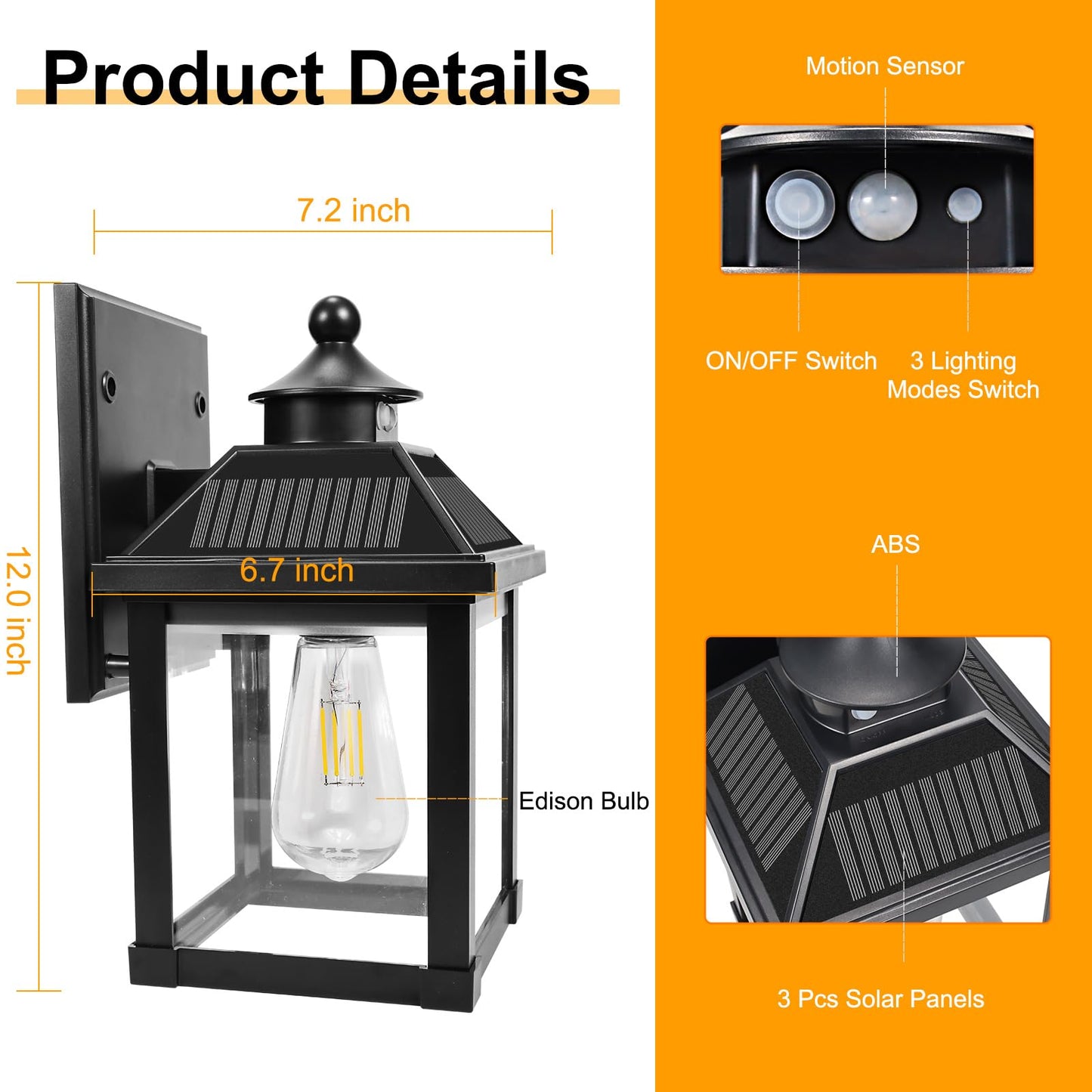 Kuniwa Solar Wall Lights Outdoor, Motion Sensor, 3 Lighting Modes, 2 Pack, Black, Model XHY2208, Waterproof Sconces