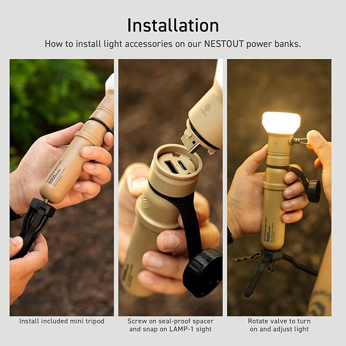 ELECOM NESTOUT Outdoor Camping LED Lantern w/ Mini Tripod, Dimmable USB Powered Soft LED Light, IP44 Water Dust Resistant, 10-350 Lumen, Portable Lamp for NESTOUT Power Bank, Beige (LAMP-1)