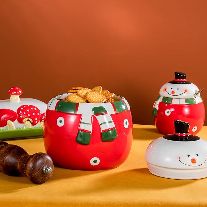 Christmas Snowman Ceramic Cookie Jar – Large Holiday Treat Storage Container with Lid – Festive Kitchen Countertop Decoration