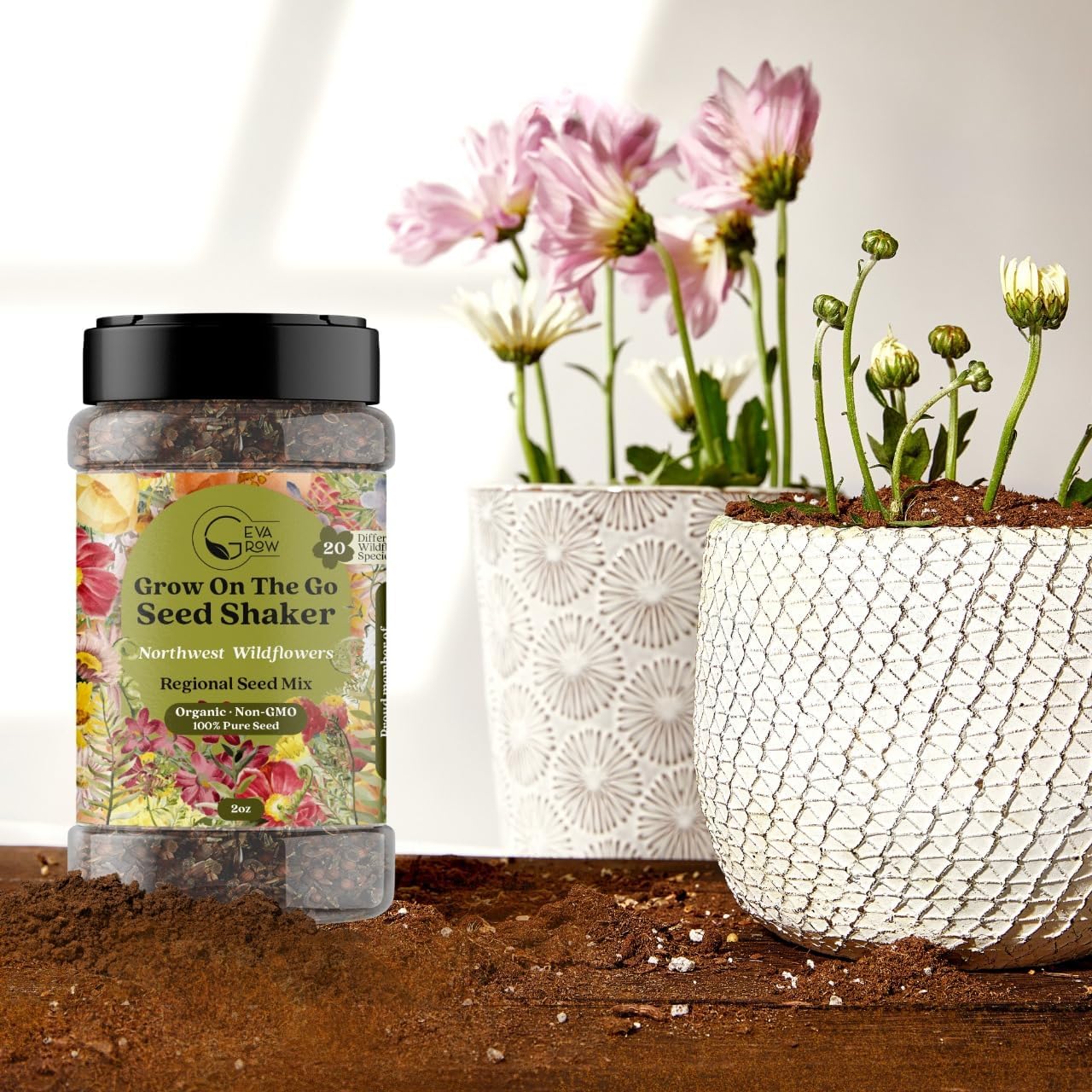 Geva Grow on The Go Seed Shaker - Northwest Wildflower Seeds Regional Mix - Organic, Non-GMO - 100% Pure Seed - 20 Different Wildflowers Seeds of Annual and Perennial, 2oz