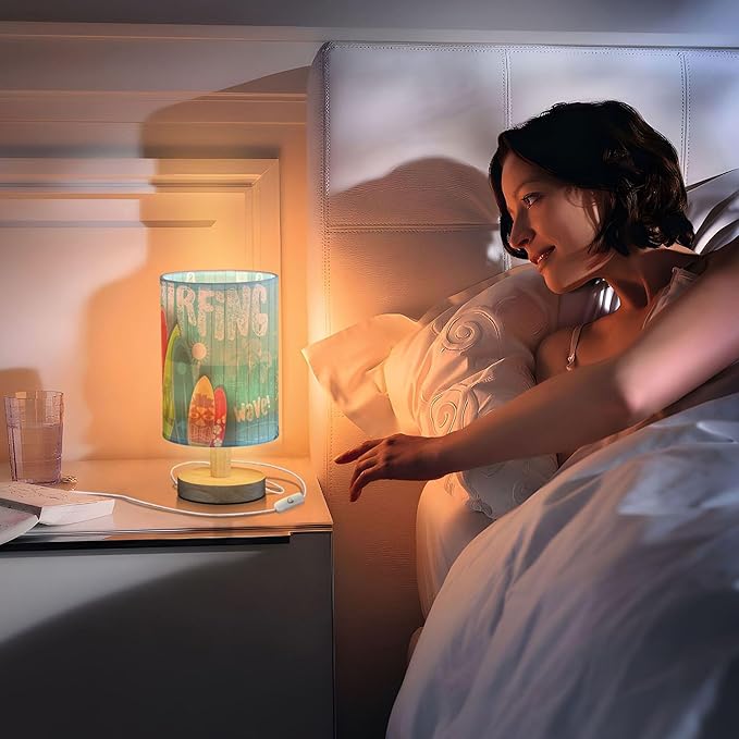 Table Lamp Colorful Surfboard Palm Tree Graphic Blue Wooden Summer Ocean Nightstand Lamp with Wood Base Fabric Lamp Shade Bedside Desk Lamp for Living Room Bedroom Kids Room Office