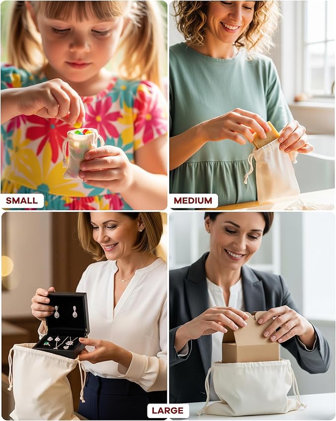 Celestial Gifts Muslin Bags - 100% Cotton Drawstring Bags Medium 25pcs, 5x7, Reusable Tea, Coffee, Jewelry, Gift, Spice Pouch and Sachet Bag - Made in USA - (Red Hem and Drawstring)