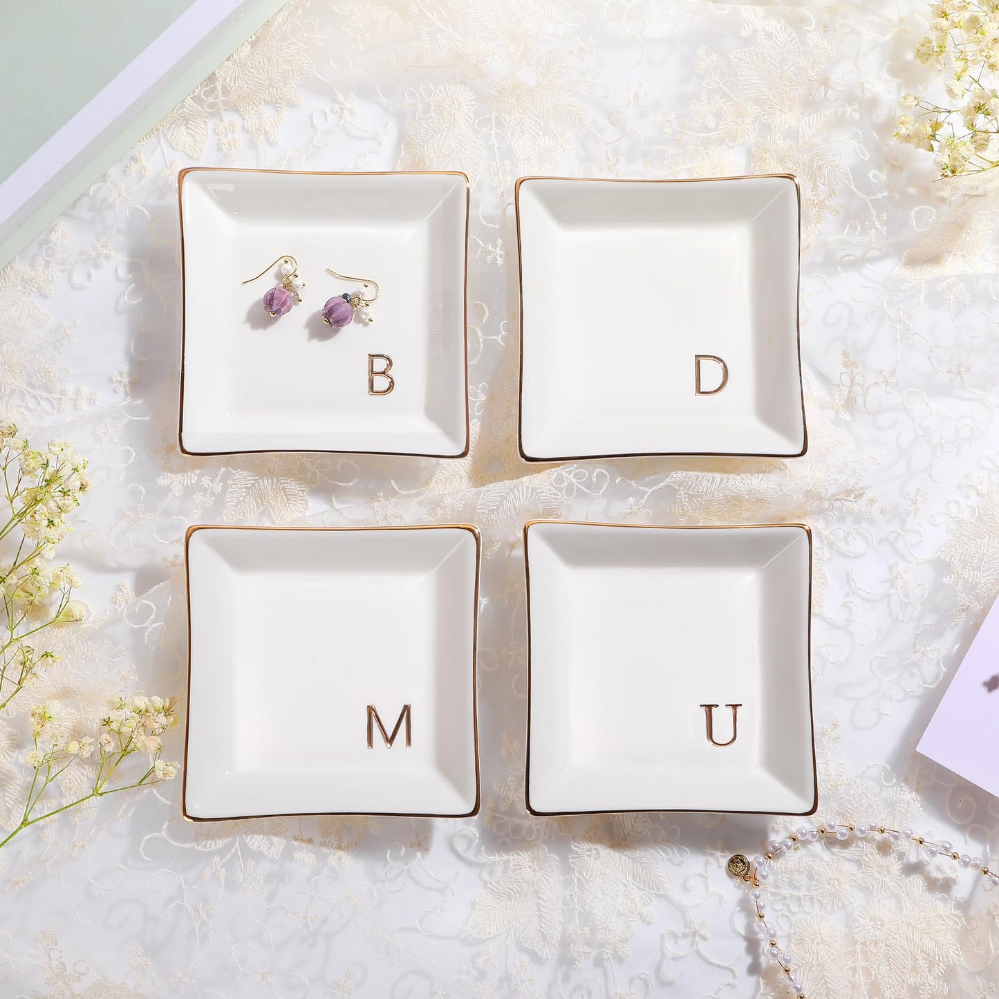 PUDDING CABIN Initial Ring Holder Jewelry Tray, Personalized B-Monogrammed Engagement Wedding Gifts for Bridesmaid, Bride, Birth