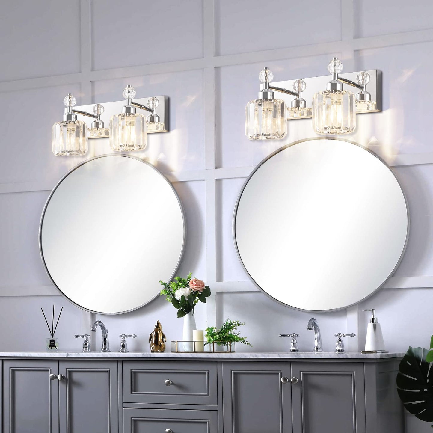 Presde 2-Light Chrome Bathroom Vanity Light - Modern Crystal Wall Sconce For Over Mirror Lighting