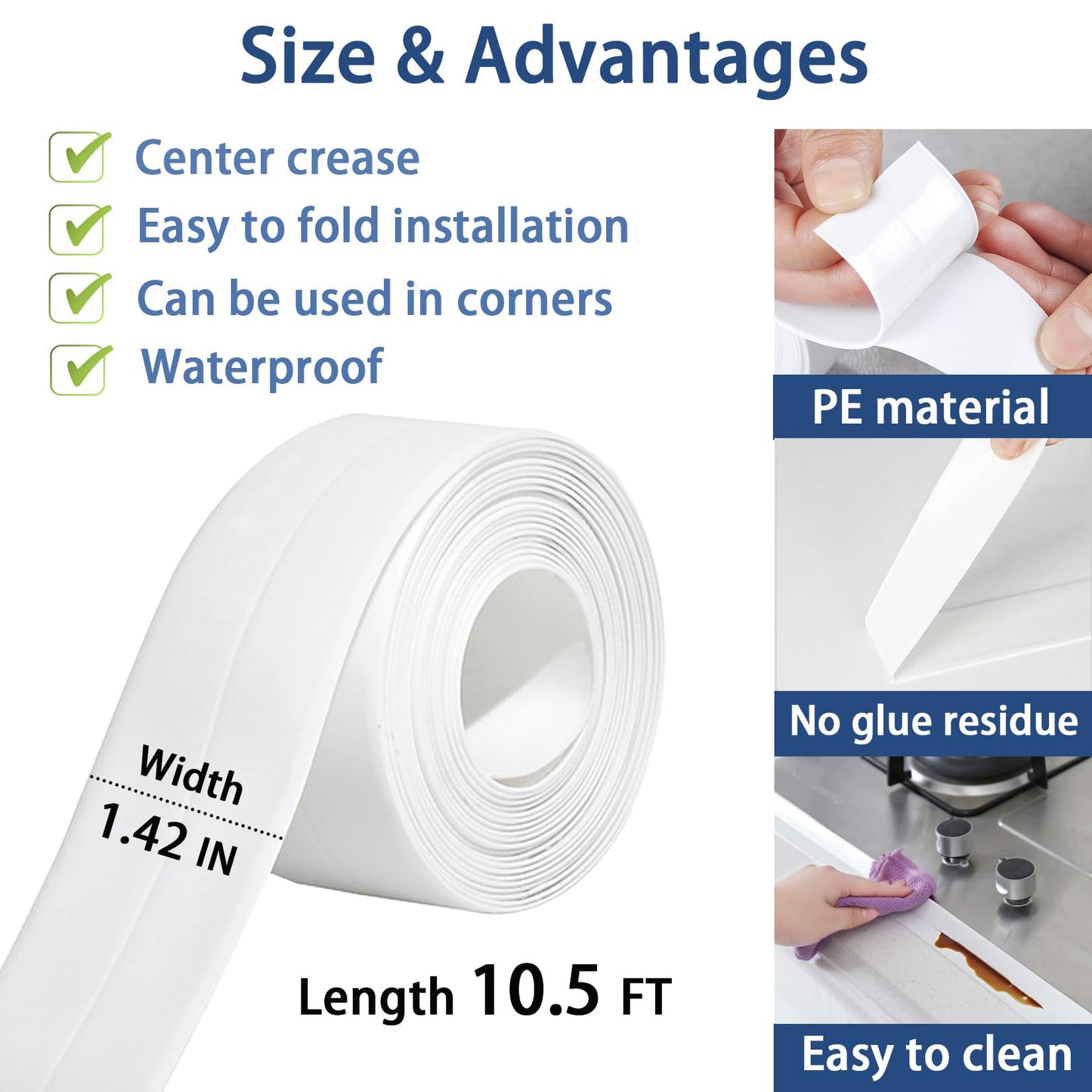 Caulk Tape, Caulk Tapes Waterproof Self Adhesive, Traditional Caulking Sealant Replacement, Caulking Strips for Toilet, Bathroom, Sink, Bathtub, Floor Wall Edge Protector(1.42" x 10.5Ft)