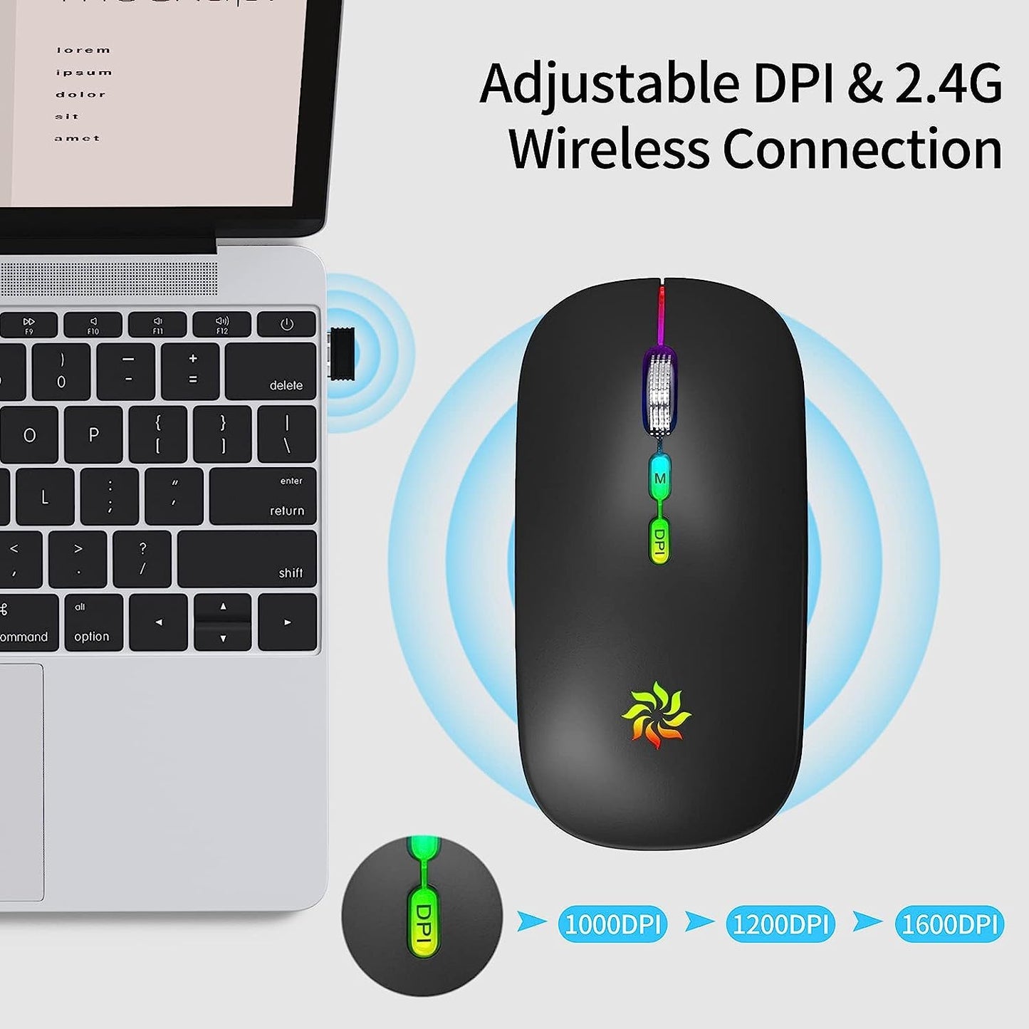 KBCASE Wireless Mouse, LED Wireless Mouse for Laptop, Slim Silent Mouse 2.4G Rechargeable Wireless Computer Mouse for Laptop, MacBook, iPad, Chromebook, with USB & Type-c Receiver