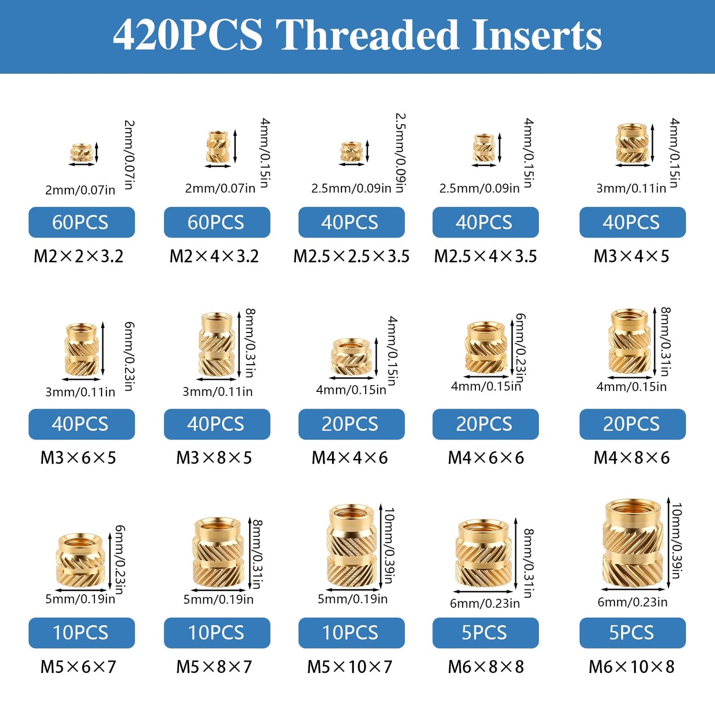 420 Pcs Threaded Inserts, M2 M2.5 M3 M4 M5 M6 Brass Heat Set Inserts for Plastic, Metric Knurled Nuts Insert Assortment Kit for 3D Printing Components