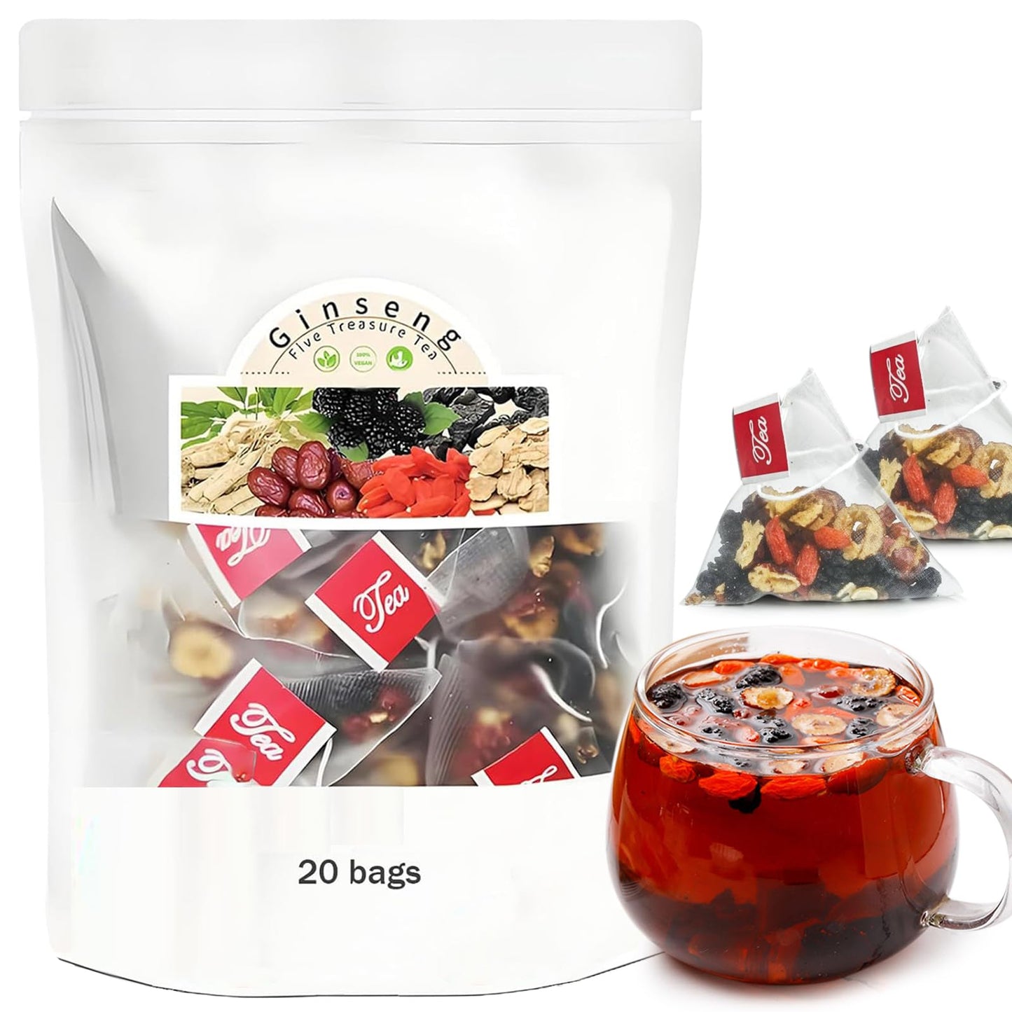 Ginseng Five Treasures Tea Kidney Tea - Kidney Cleanse Ginseng Six Treasures Teas 6 Precious Ingredients Red Date Wolfberry Mulberry Natural Organic Detox Teabag for Women & Men (1 Bag(20 Teabag))