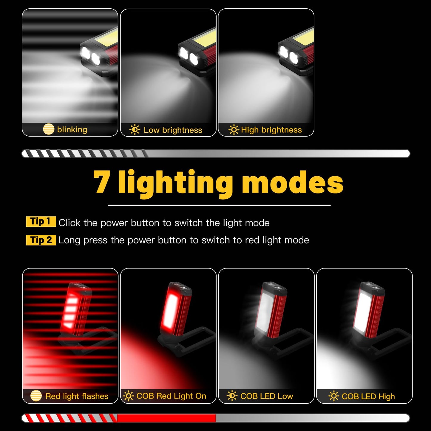 YiaMia Rechargeable LED Magnetic Work Light 2 Pack, Portable Tool Gifts for Men, 7 Flashlight Modes with Kickstand and Carabiner, USB Charging for Camping, Hunting, and Car Repairs (2, Red)