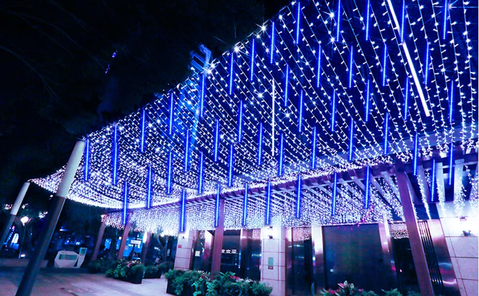 Jjgoo ?2 Pack? Christmas Lights Meteor Shower Rain Lights 20Inch Totally 20 Tube 720 Leds Icicle Light Outdoor Raindrop Light For Xmas Halloween Wedding Party Tree Holiday Decoration Blue