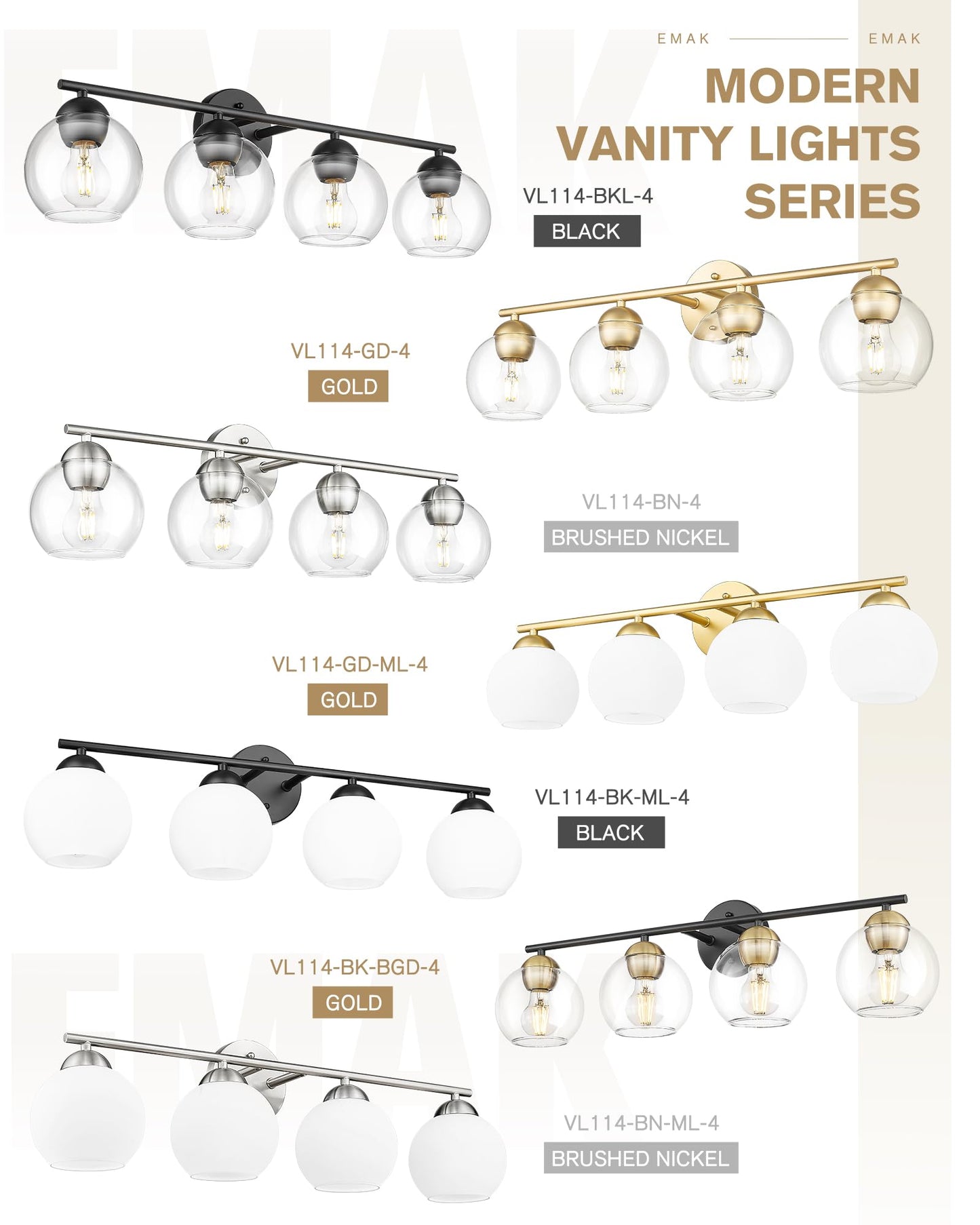 Emak Mak 4-Light Bathroom Vanity Light 29 Inch Brushed Nickel Bathroom Light Globe Vanity Lighting With Clear Glass Shade For Bath Vl114-Bn-4