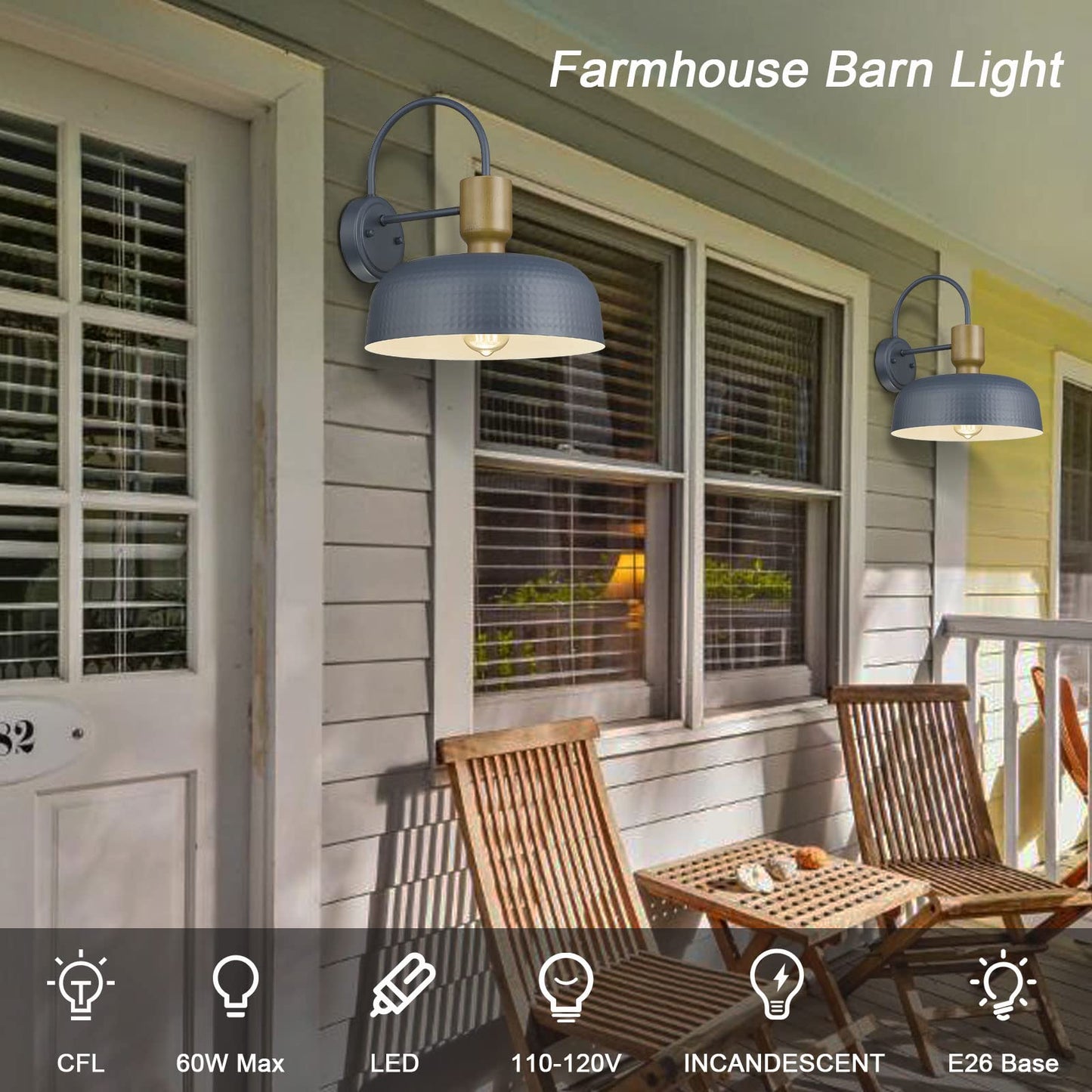 Luminzone Gooseneck Barn Light - Vintage Industrial Wall Lantern, Medium 12.4, Blue, 2 Pack, Hammered Metal Shade