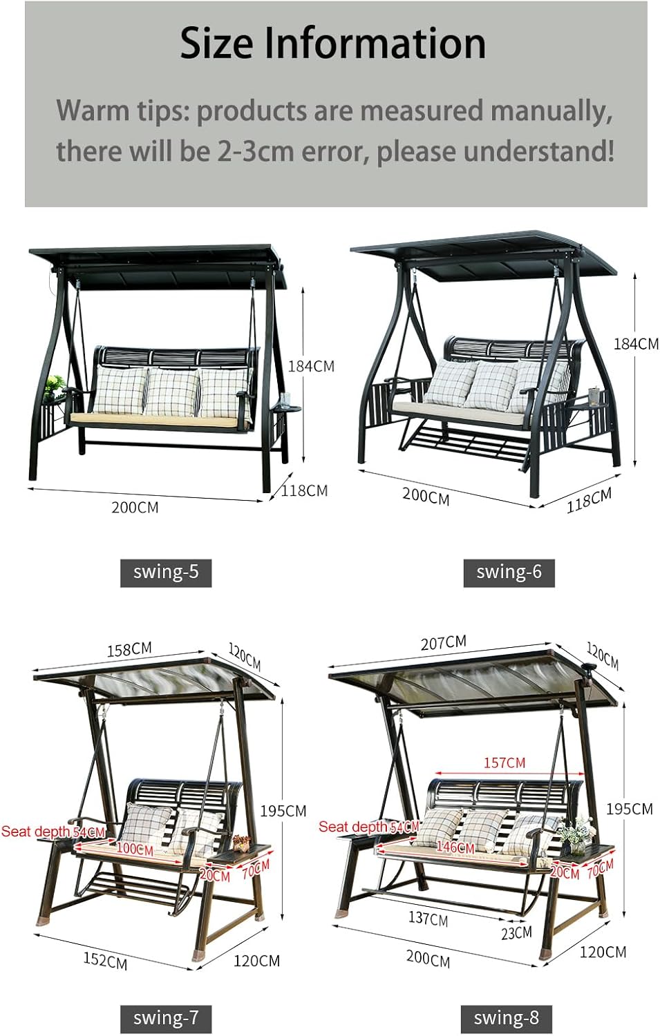 2/3-Seat Outdoor Patio Porch Swing with Adjustable Aluminum Alloy Canopy Solar Patio Swing Chair Bench with Footrest Side Cup Holder for Backyard Lawn (Heart of Ocean-2 Seat)