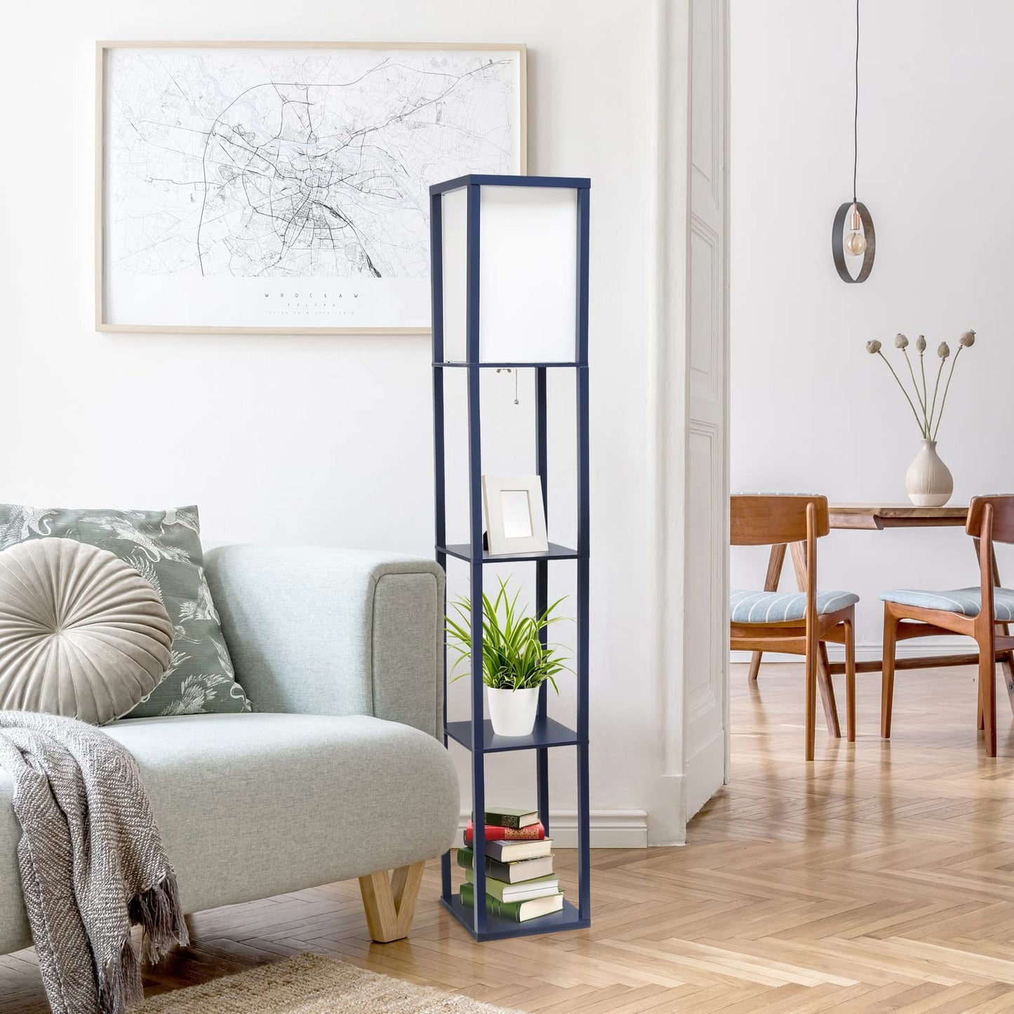LALIA HOME Column Shelf Floor Lamp, Wood with Linen Shade, Model LHF-3004-NV, Navy